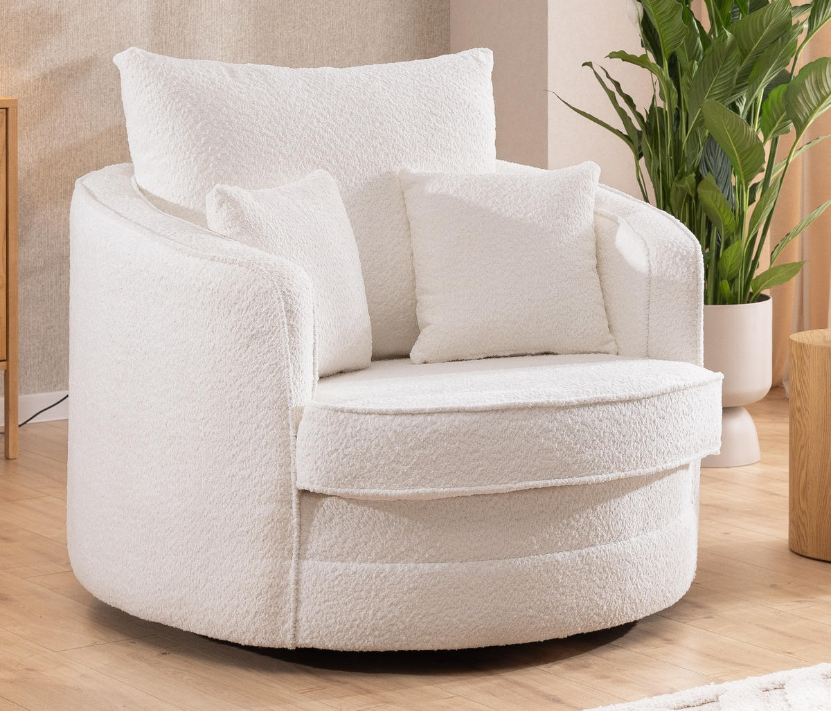 DREHSESSEL Ted aus Weiß Boucle-Stoff - Schwarz/Weiß, Holz/Textil (107/94/100cm) - S-Style Möbel