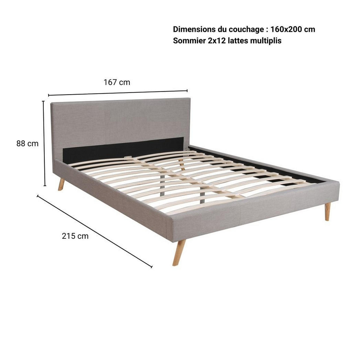 BETT FJORD/ BETT 160X200 MIT LATTENROST - HELLGRAU STOFF - Grau, Holzwerkstoff (160/200cm) - Weber Industries