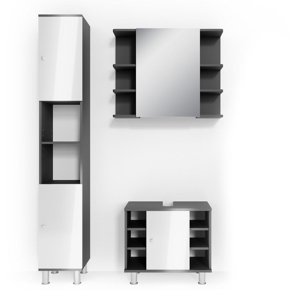 BADMÖBEL-SET Fynn Anthrazit 3 Teile, mit Hochschrank - Weiß Hochglanz/Anthrazit, Holzwerkstoff (60/54/32cm) - Vicco