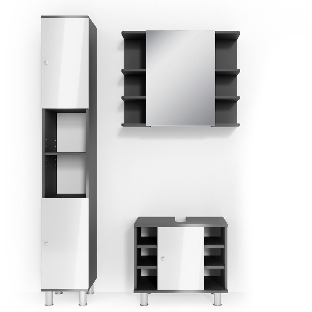 BADMÖBEL-SET Fynn Anthrazit 3 Teile, mit Hochschrank - Weiß Hochglanz/Anthrazit, Holzwerkstoff (60/54/32cm) - Vicco
