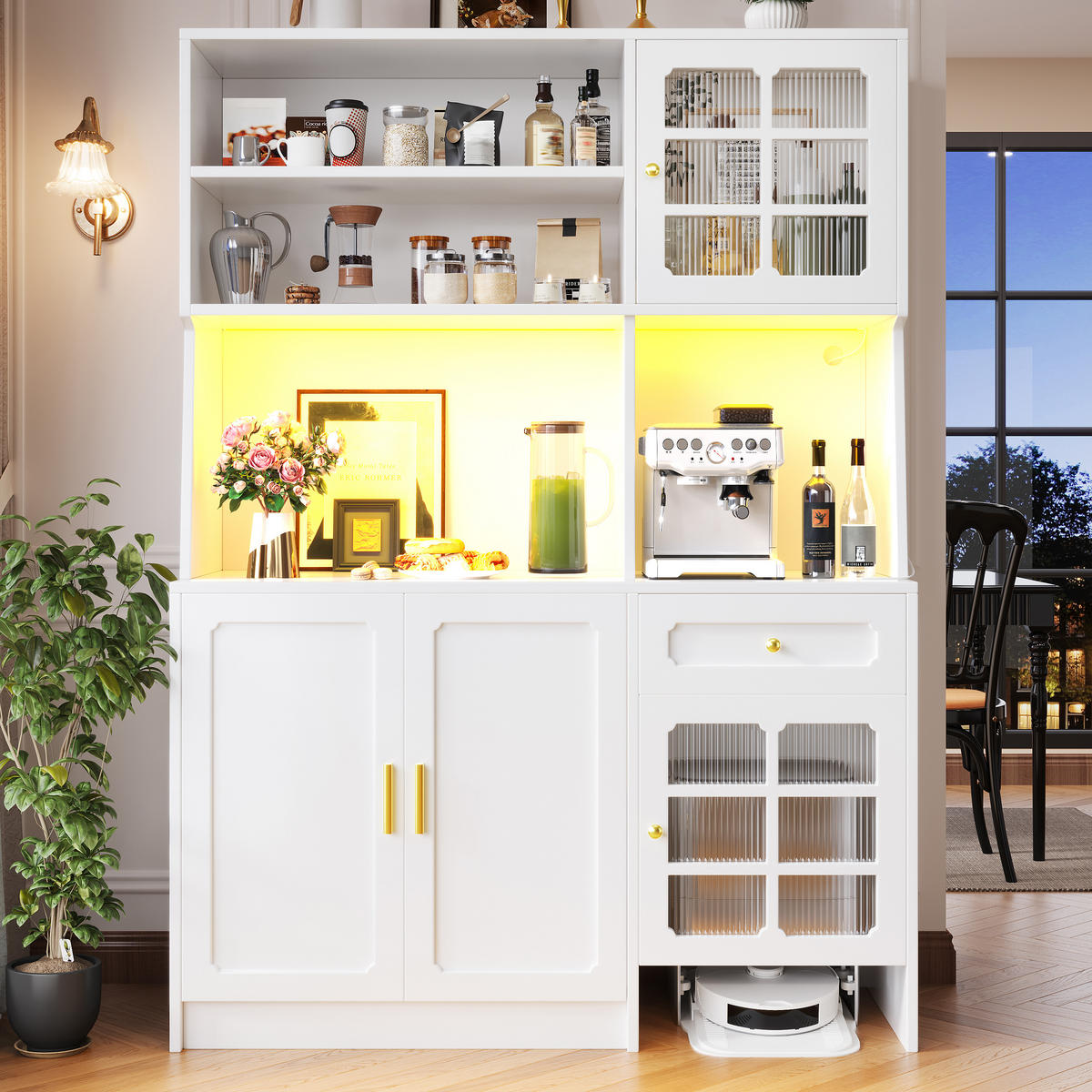 GESCHIRRSCHRANK aus MDF 130x45x180cm in Weiß mit LED-Beleuchtung - Weiß, Holzwerkstoff (130/180/45cm) - Modfu