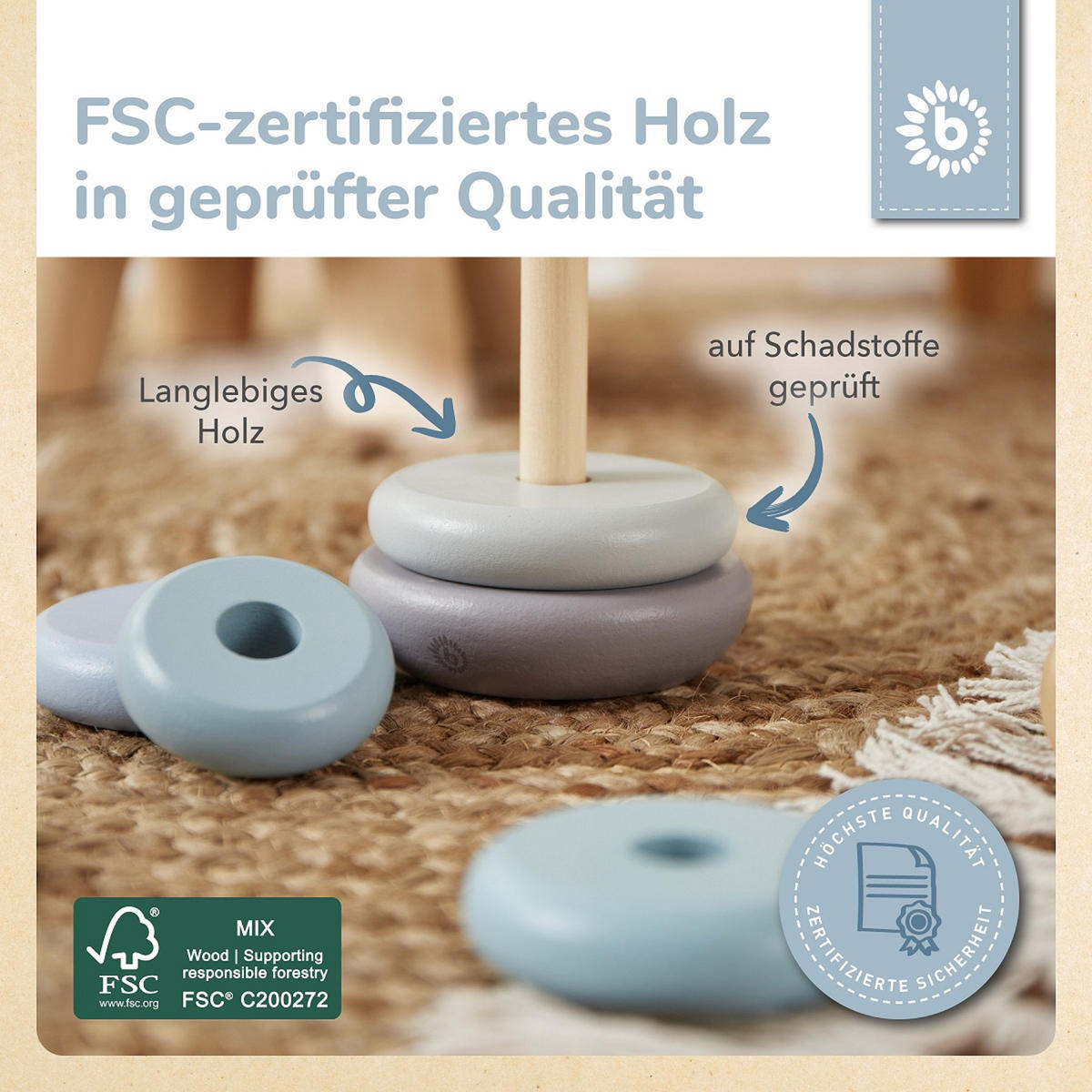 STAPELTURM Holz - ab 12 Monate - Blau, Holz (9/9cm) - Bieco Spielwaren