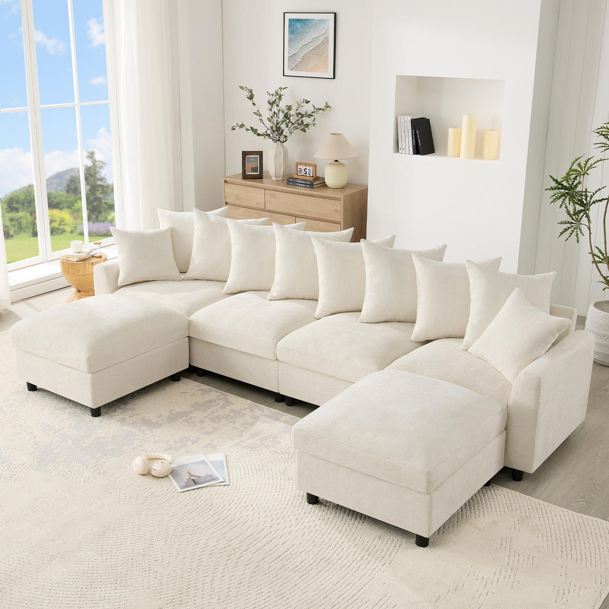 ECKSOFA Modular, Beige, Waffel-Chenille, 6-Sitzer, 2 Hocker - Beige, Textil (153.5/283cm)