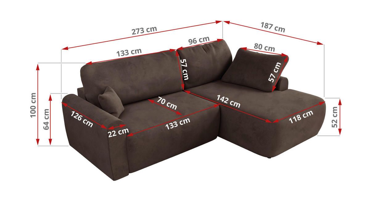 ECKSCHLAFSOFA CUBO L Braun Velvet - links - Schwarz/Braun, Kunststoff/Textil (273/187cm) - MKS