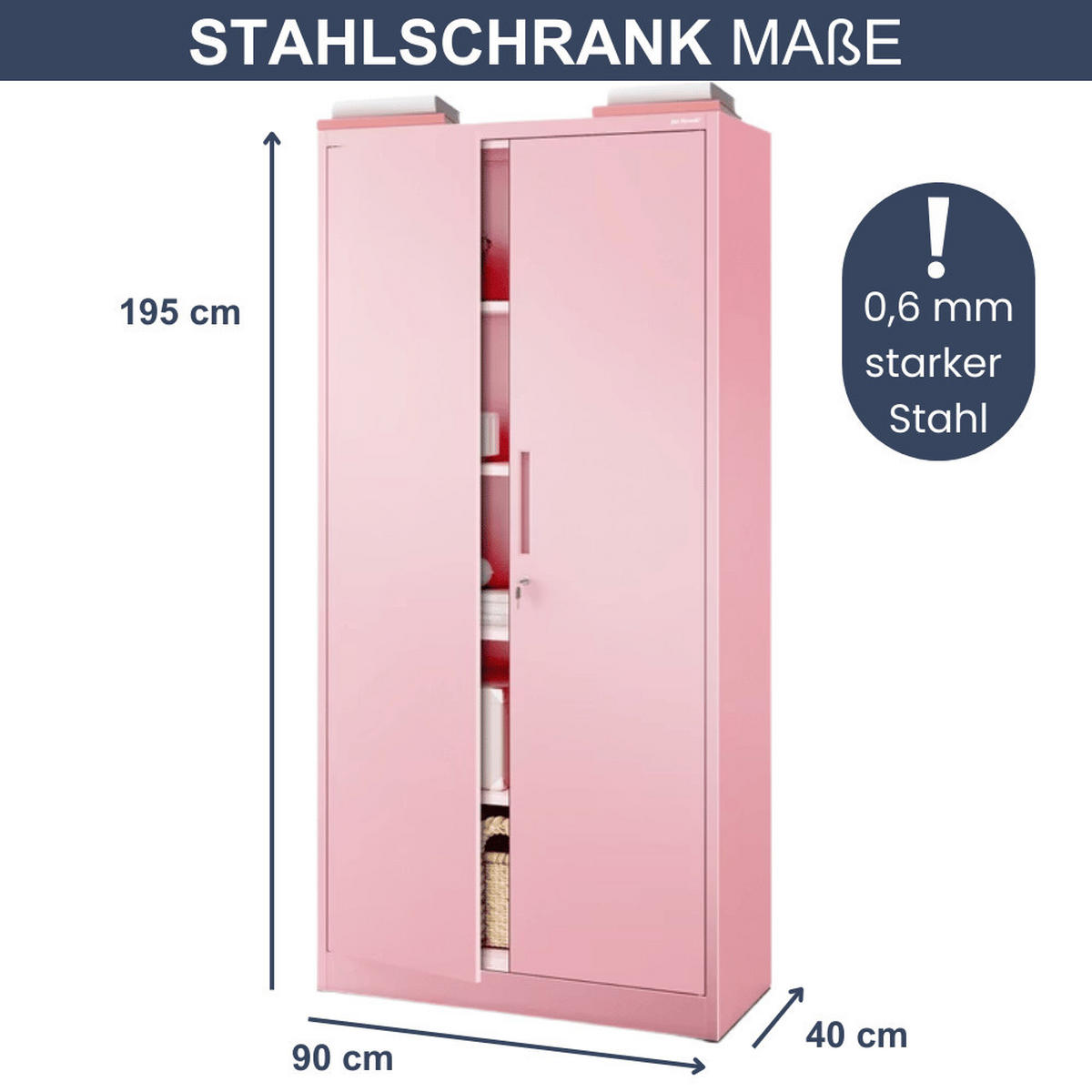 AKTENSCHRANK abschließbar KADO mit Flügeltüren 195x90x40cm Rosa - Rosa, Metall (90/195/40cm) - DELUKE