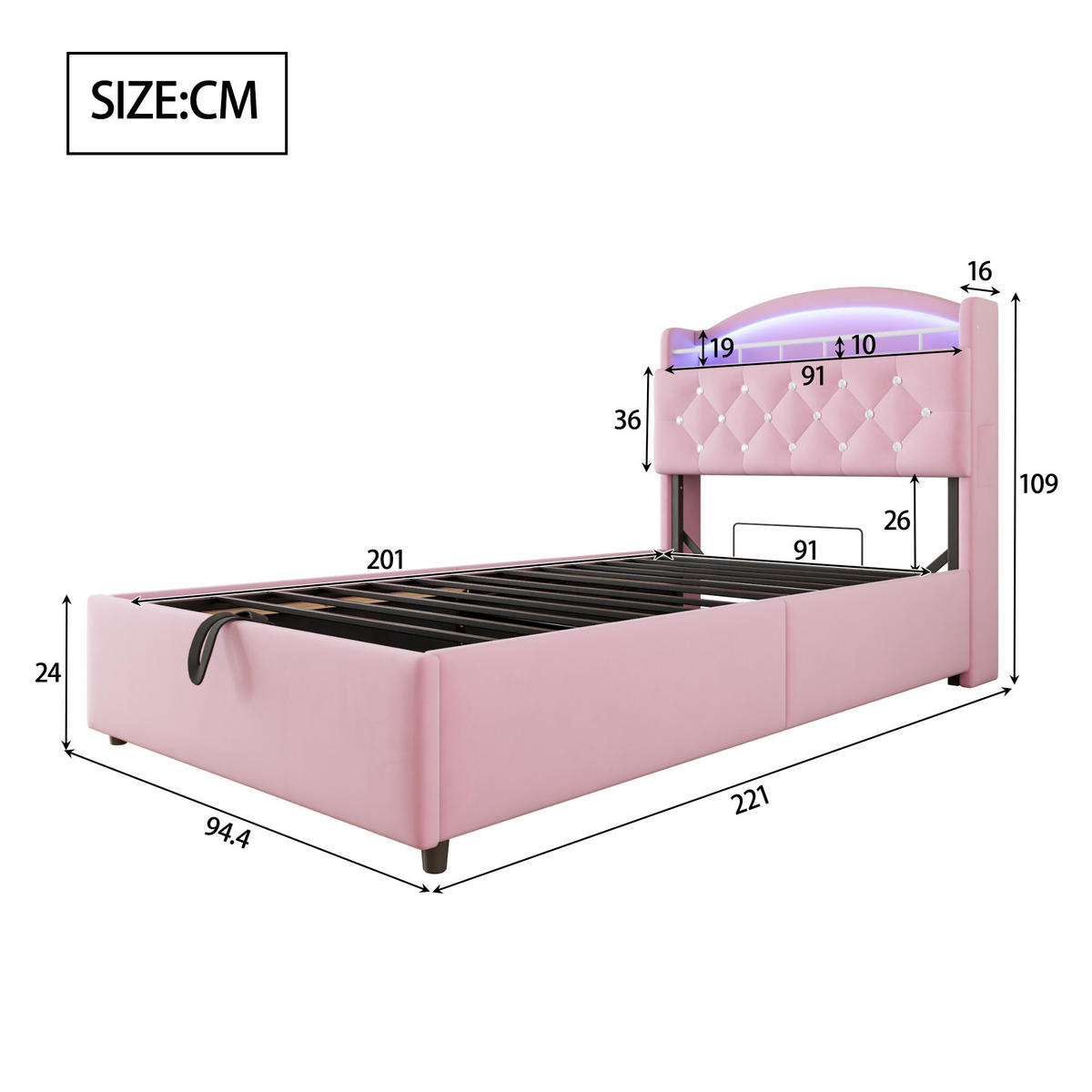 POLSTERBETT 90/200 cm rosa mit Stauraum und LED-Beleuchtung - Pink, Textil (90/200cm) - OKWISH