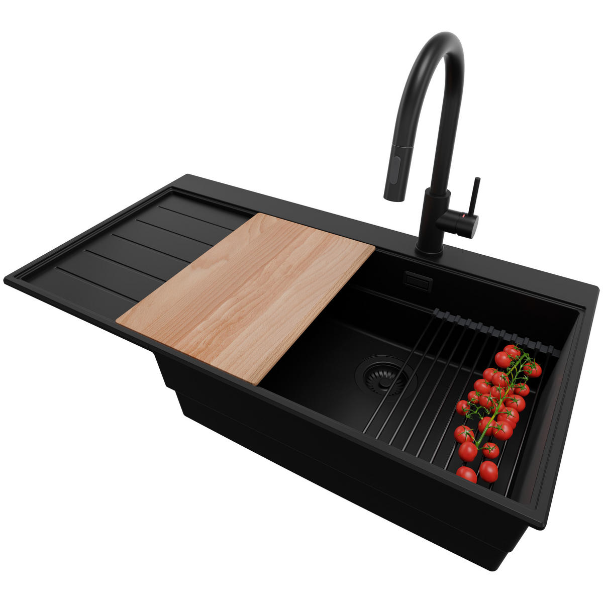 GRANITSPÜLE Sydney, 2-er set Alles Schwarz 90/50 cm 1 Becken + Küchenarmatur 40/20 cm + Ablauf-Set + Küchenzubehörset ab 60er Unterschrank - Beige/Schwarz, Kunststoff (90/20/50cm) - Primagran