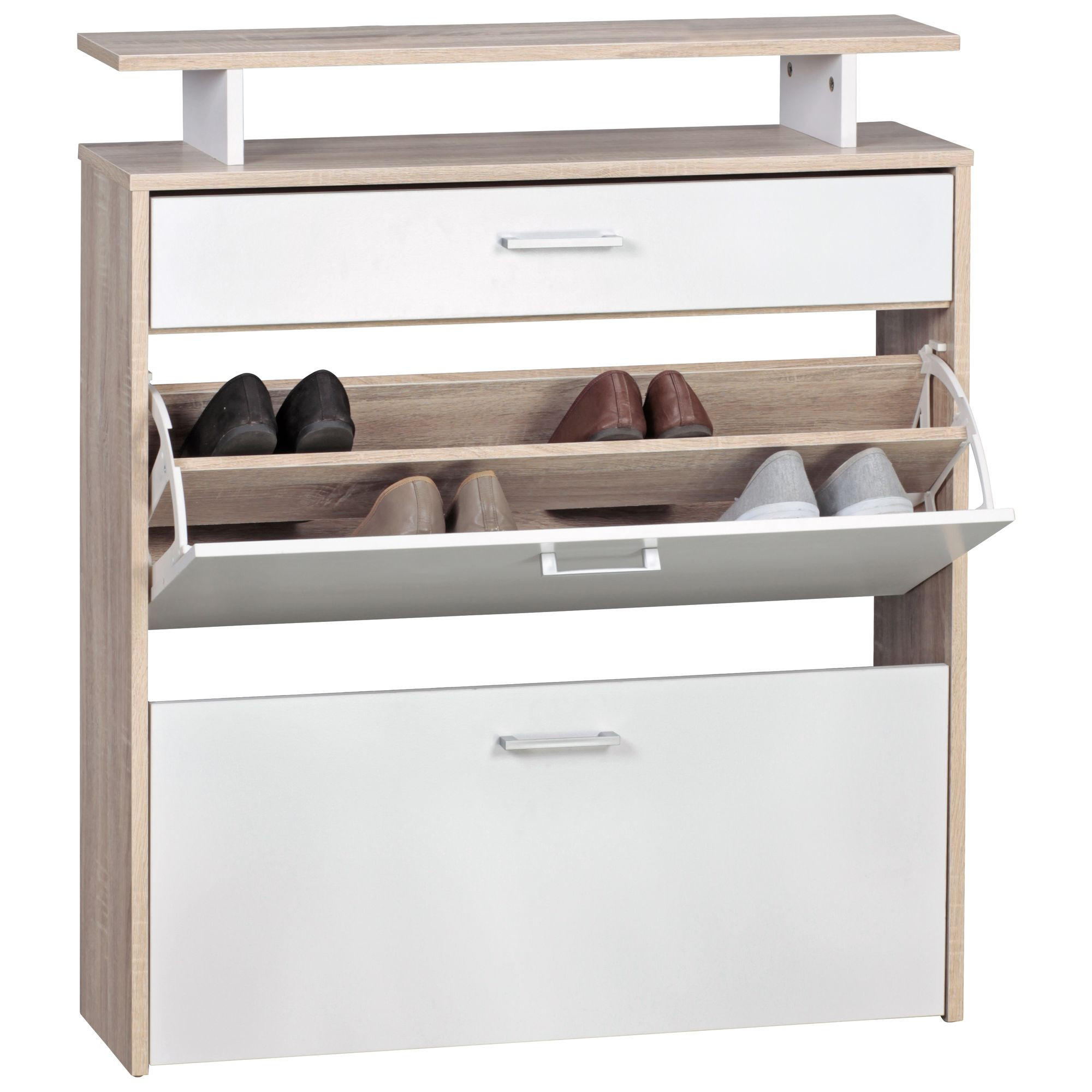 SCHUHKIPPER – Sonoma Eiche, 4 Fächer, großzügige Ablage, MDF-Holz - Beige, Holz (80/95/24cm) - KADIMA DESIGN