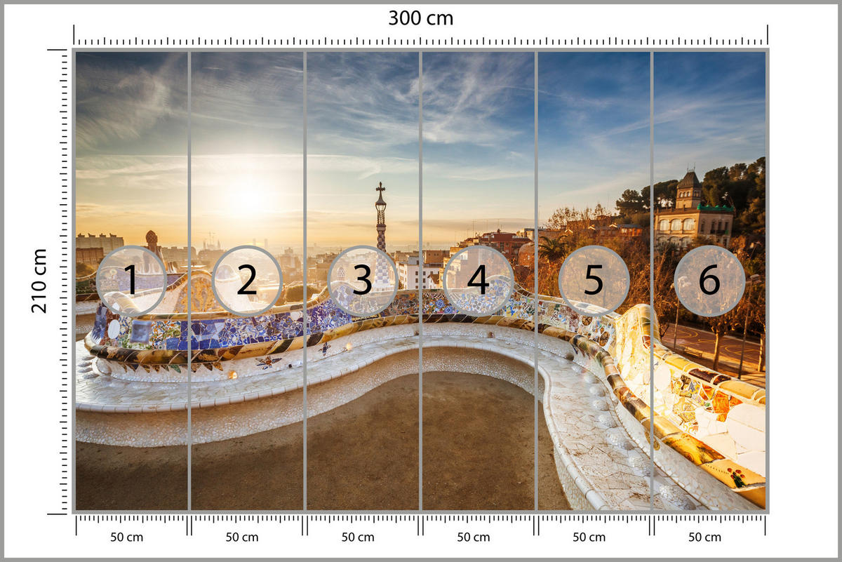 FOTOTAPETE für Wohnzimmer Sonnenaufgang Barcelona Denkmäler 300x210 - Gelb/Beige, Papier (300/210cm) - Muralo