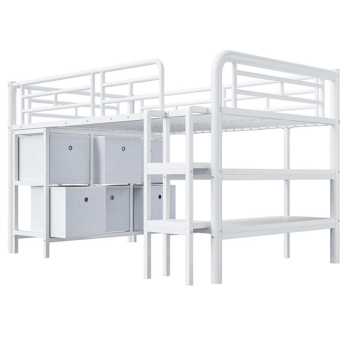 HOCHBETT 90/200 cm Weiß mit Stauraum und breiter Treppe aus Metall - Weiß, Metall (90/200cm) - OKWISH