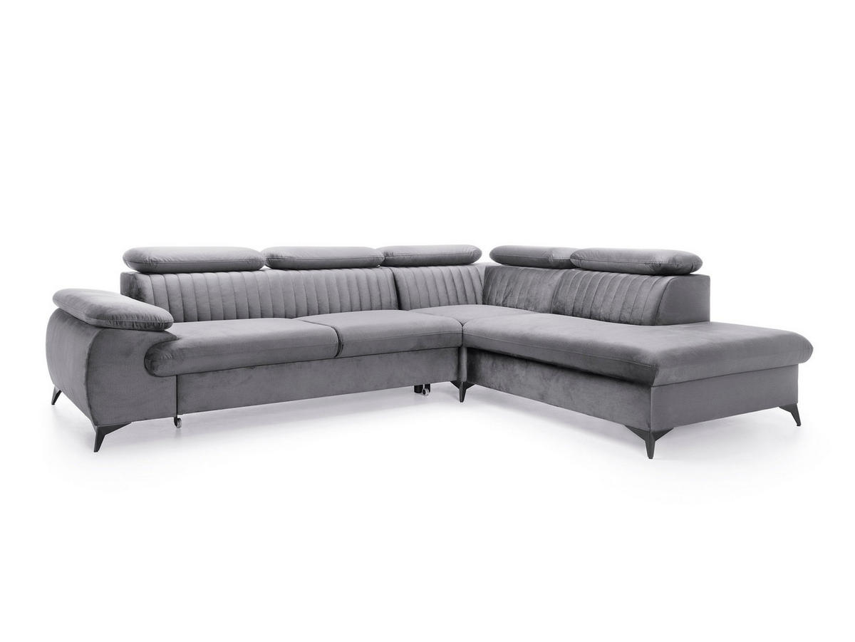 ECKSOFA FIORE Grau Velours-Stoff mit Schlaffunktion - Grau, Holz (275/221cm) - MASSENO