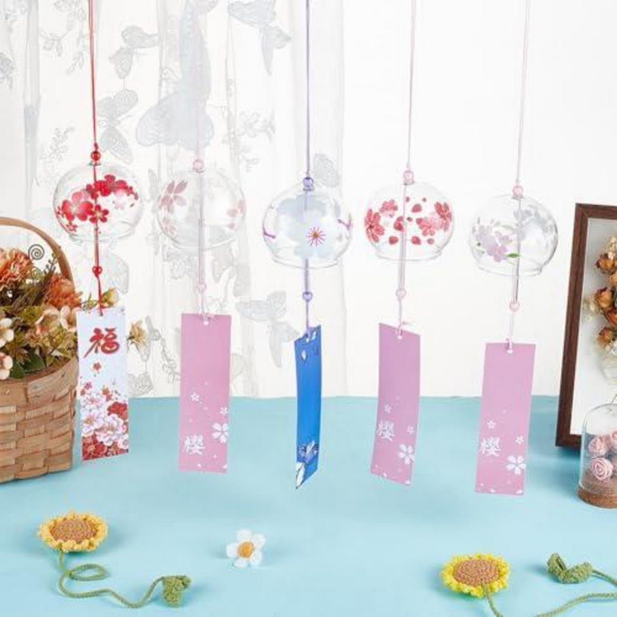 WINDSPIEL 5-teiliges Set Glas Kirschblütenmotiv Japanisch - Multicolor, Glas (42/6.9/1cm)