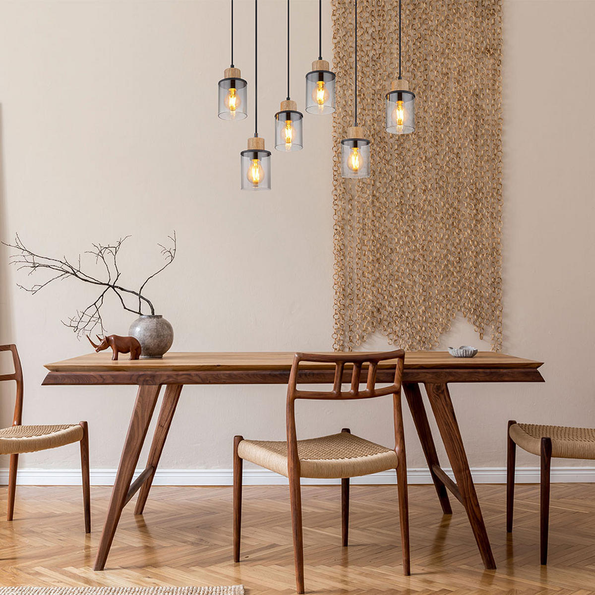 PENDELLEUCHTE Rauchglas Grau Höhenverstellbar - Grau, Holz (62/18/120cm) - Globo Lighting