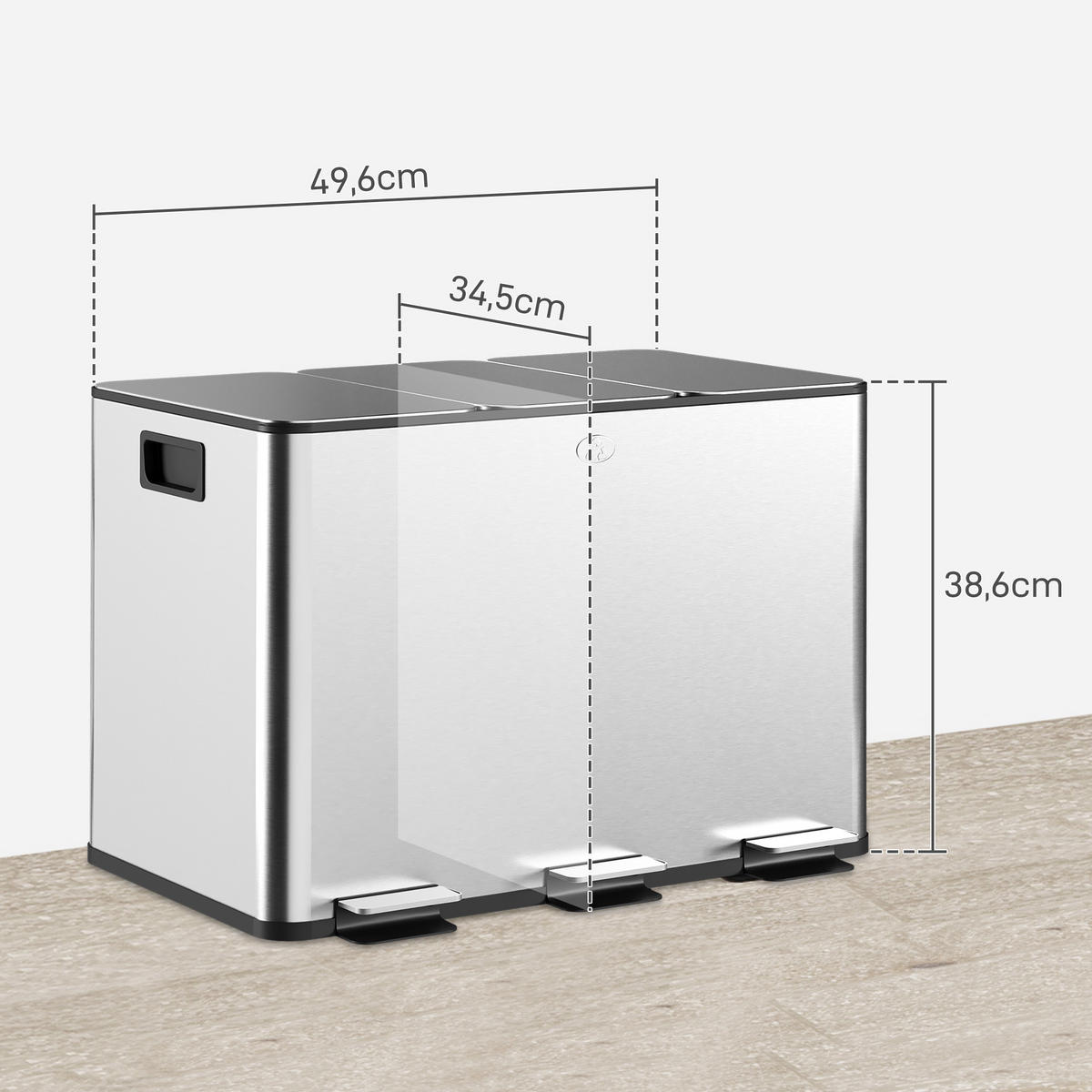 MÜLLEIMER 3x10L Abfalleimer aus Edelstahl mit Softclose Deckel Deodorant-Fächern - Silberfarben, Metall (34.5/38.6/49.6cm) - HOMCOM