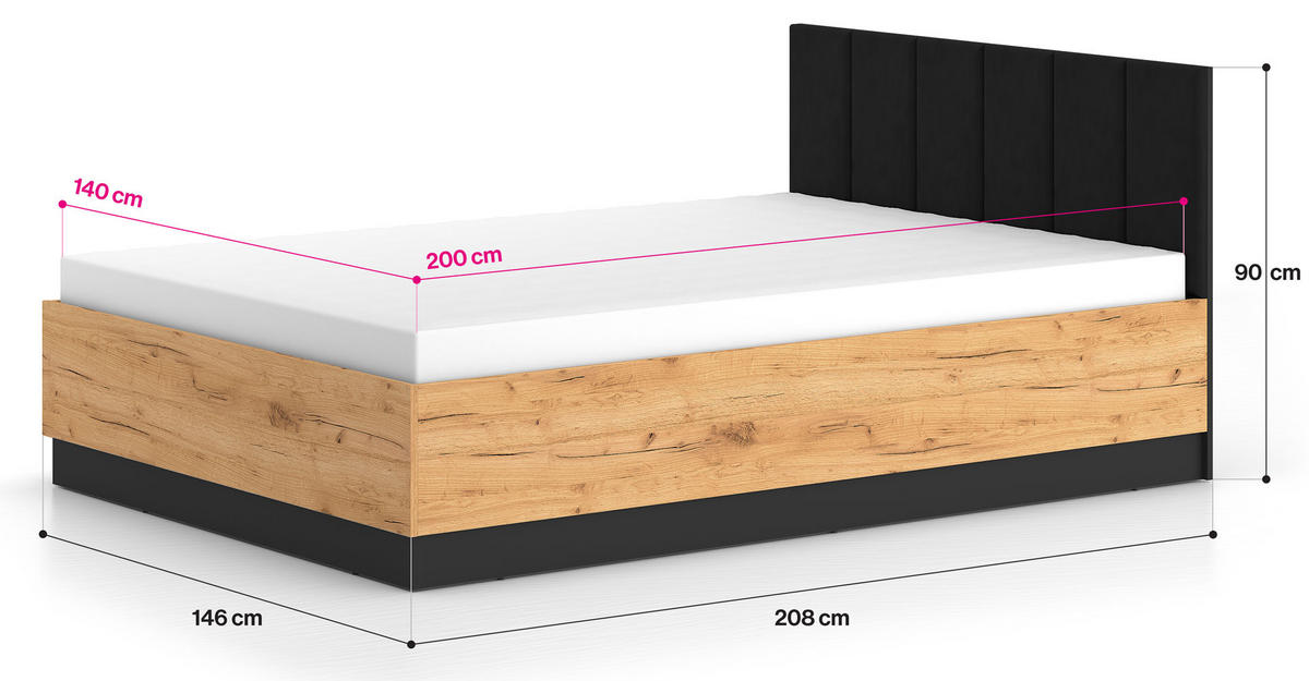 DOPPELBETT Urso Gold Craft Eiche / Schwarz 145 / 208 / 90 cm - Schwarz/Braun, Holz/Holzwerkstoff (140/200cm) - Feldmann-Wohnen