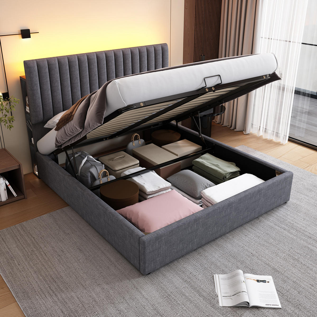 POLSTERBETT 140/200 cm Grau mit Stauraum, LED-Beleuchtung und USB- & Type-C-Anschlüssen - Grau, Textil (140/200cm) - Flora Grace