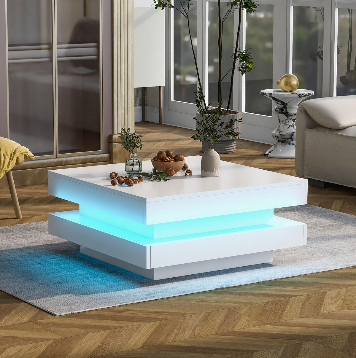 COUCHTISCH aus Spanplatte 70x70x36 cm in Weiß mit LED-Beleuchtung & Drehplatte - Weiß, Holzwerkstoff (70/70/36cm) - Modfu