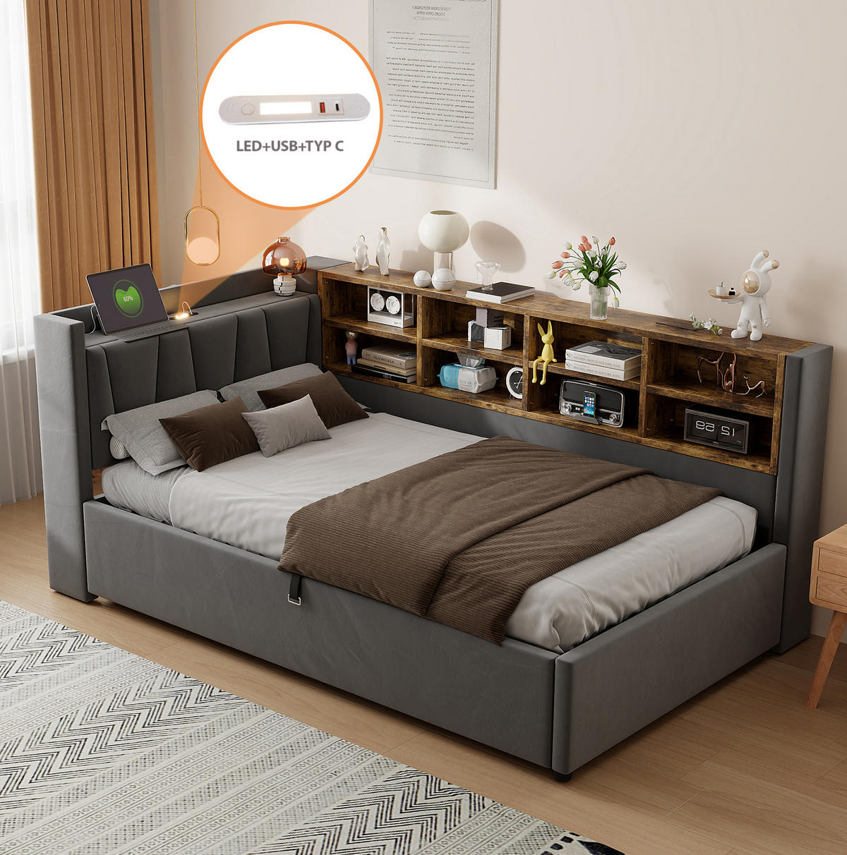 POLSTERBETT aus Samt 90x200 cm Grau mit hydraulischem Bettkasten, Nachtlicht und USB-/Typ-C-Anschluss - Grau, Textil (90/200cm) - Modfu