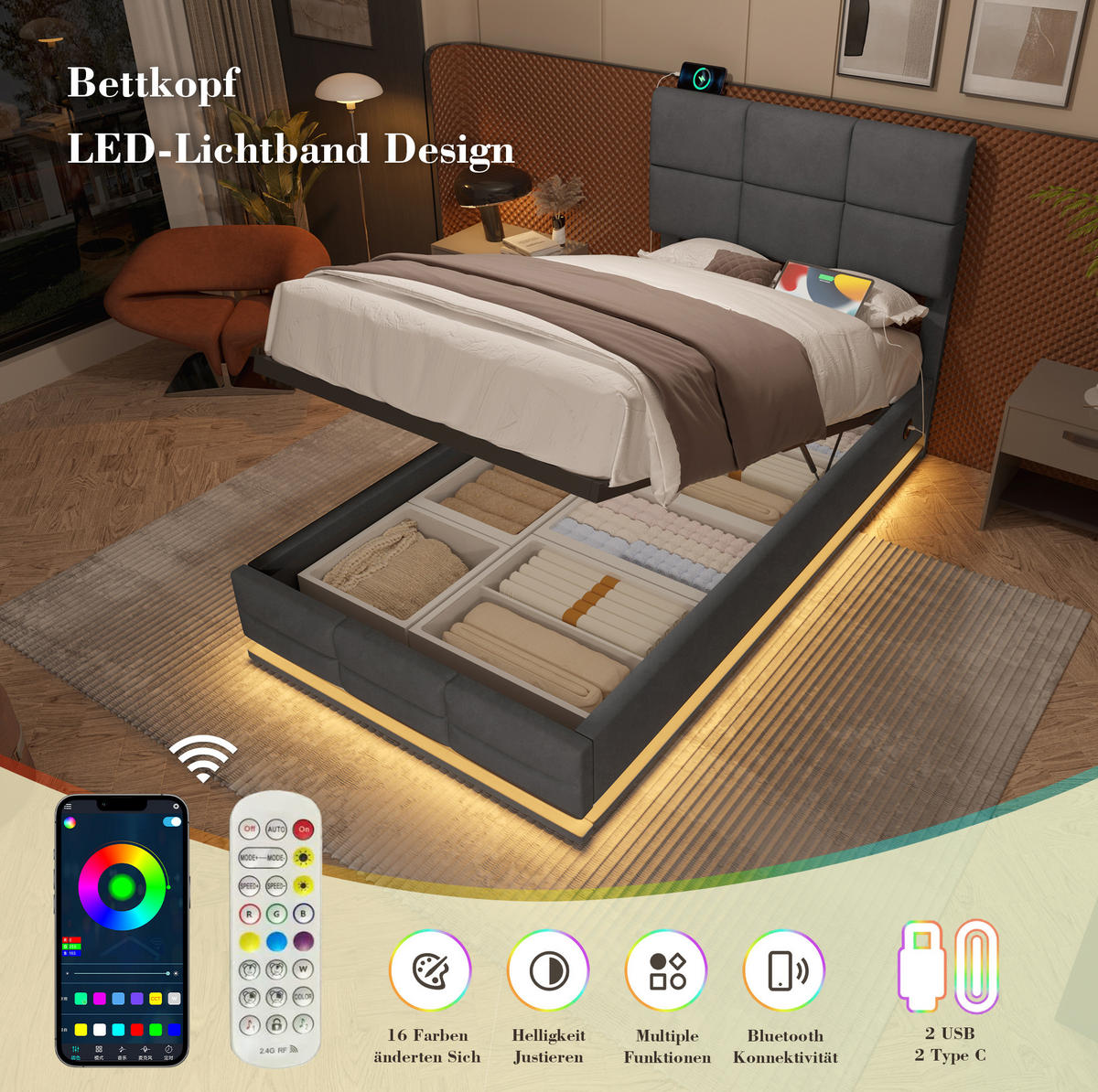 ČALOUNĚNÁ postel ze sametu, 90/200 cm tmavě šedá, LED osvětlení, USB a úložný prostor - tmavě šedá, textil (90/200cm) - Modenvie