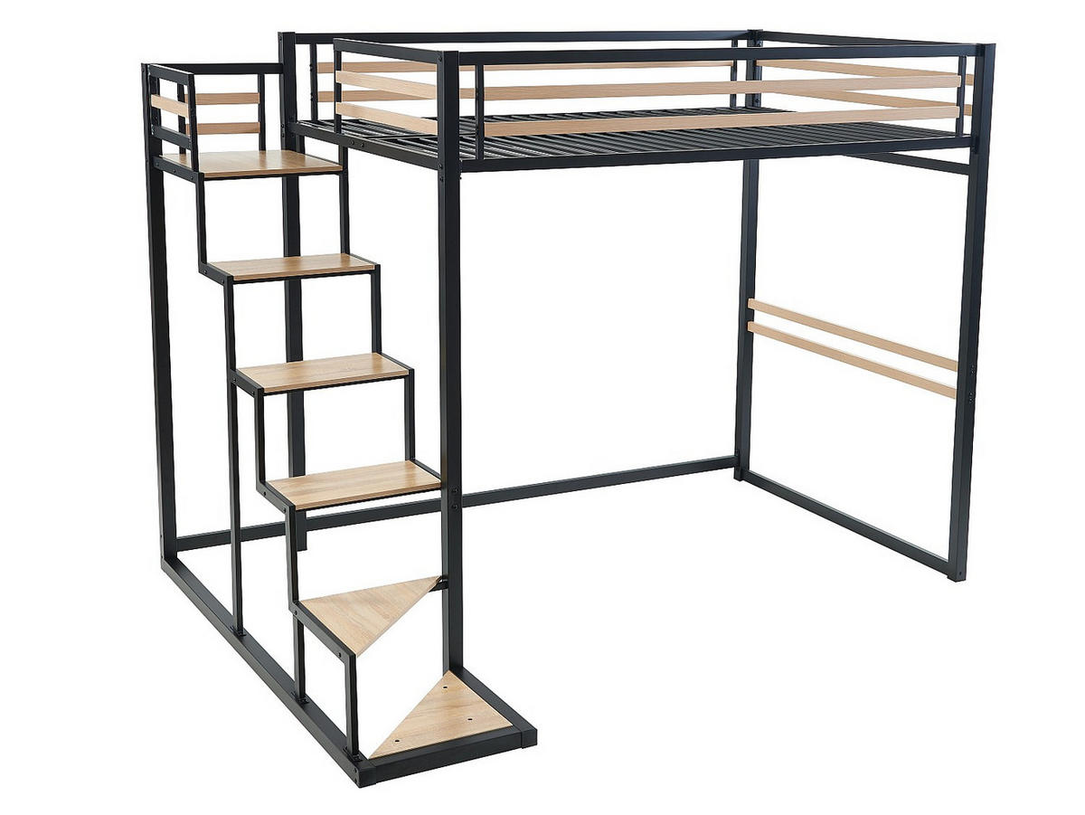 HOCHBETT mit Matratze - 140 x 200 cm - Metall & MDF - Naturfarben & Schwarz - JOGUI - Schwarz/Naturfarben, Metall - Vente-Unique