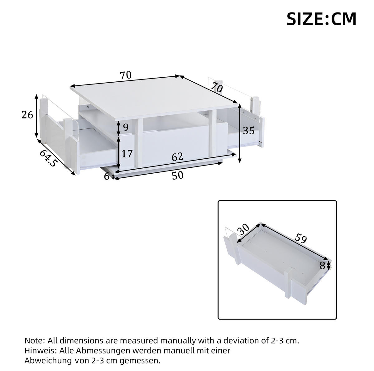 KONFERENČNÍ stolek 70/70/35 cm bílý vysoký lesk s LED osvětlením a 2 zásuvkami - bílá, kompozitní dřevo (70/70/35cm) - BEAOK