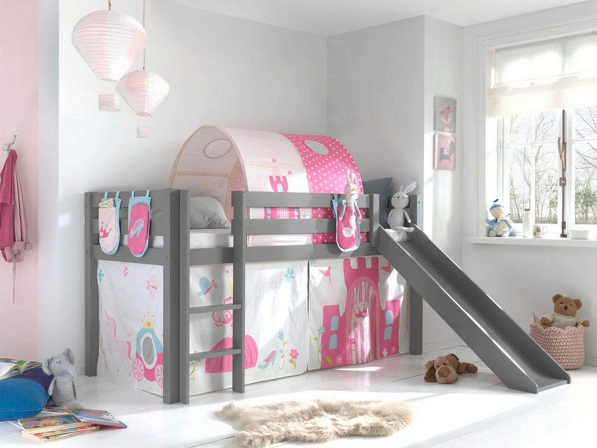 HOCHBETT mit Rutsche Karolina Massivholz Grau Textilset Princess 4 - Magenta/Grau, Holz (90/200cm) - 58aufmkessel