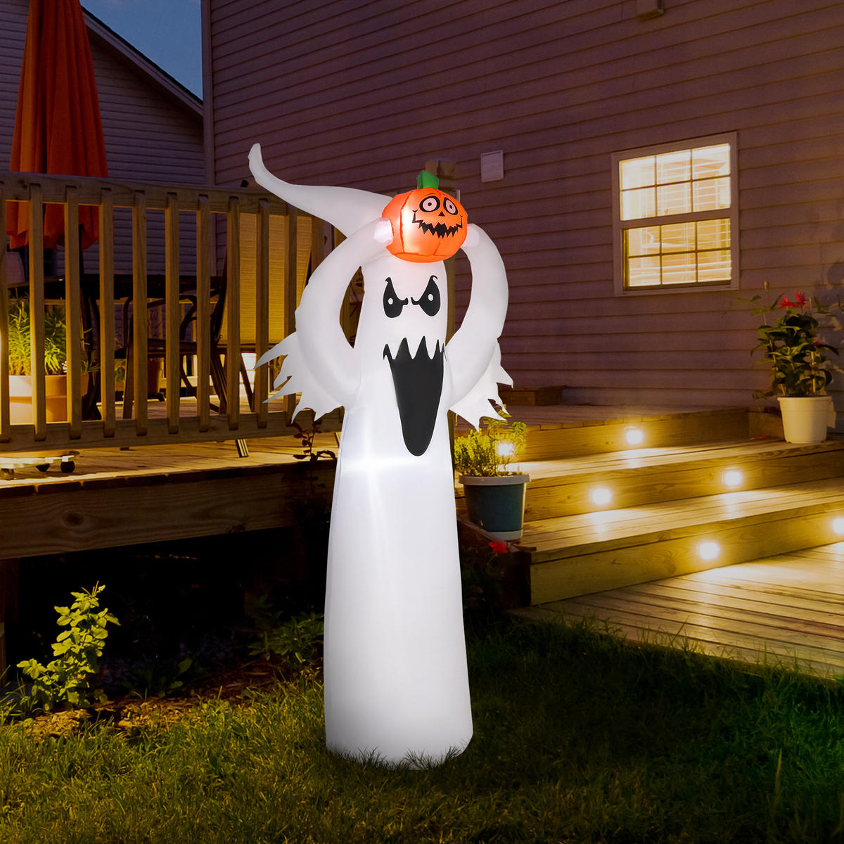 HALLOWEENSKÝ NAFUKOVACÍ DUCH, bílý + oranžový, polyester - bílá, plast (40/180/80cm) - HOMCOM