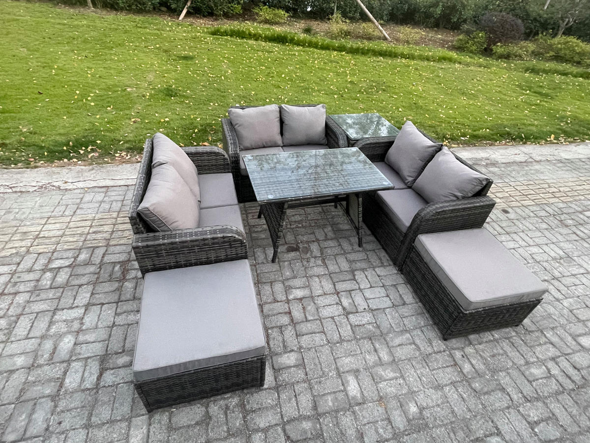 GARTENMÖBELSET mit ESSTISCH,SOFA Polyrattan 8-Sitzer - Dunkelgrau/Grau, Glas/Kunststoff - Fimous