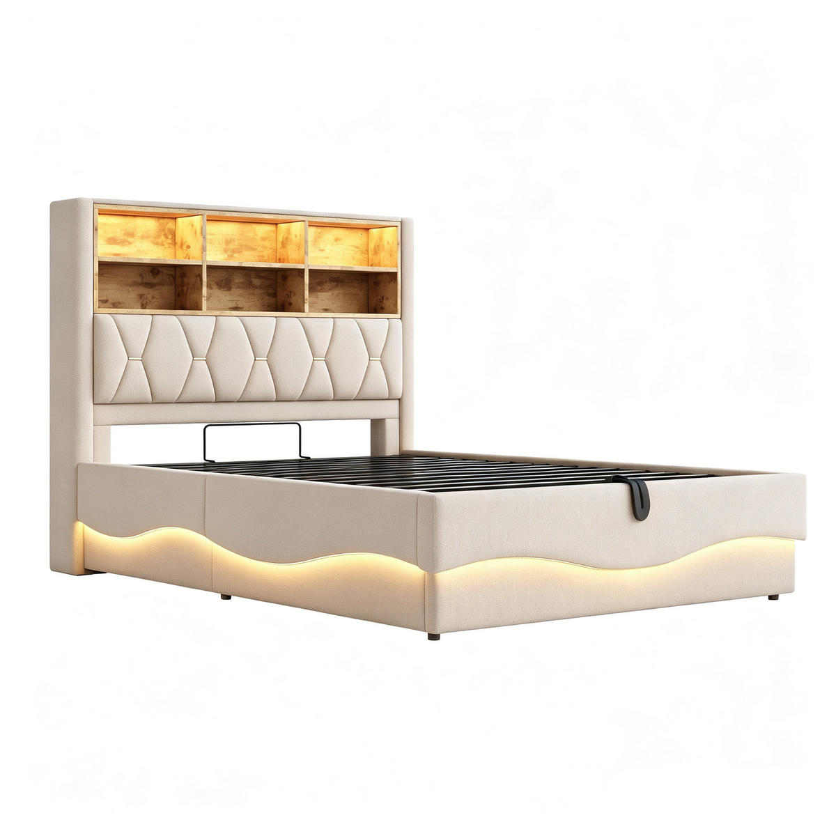 STAURAUMBETT 140/200 cm mit APP-LED, USB und Hydraulik, DE-02053, in Beige - Beige, Metall (140/200cm) - ComfortXL