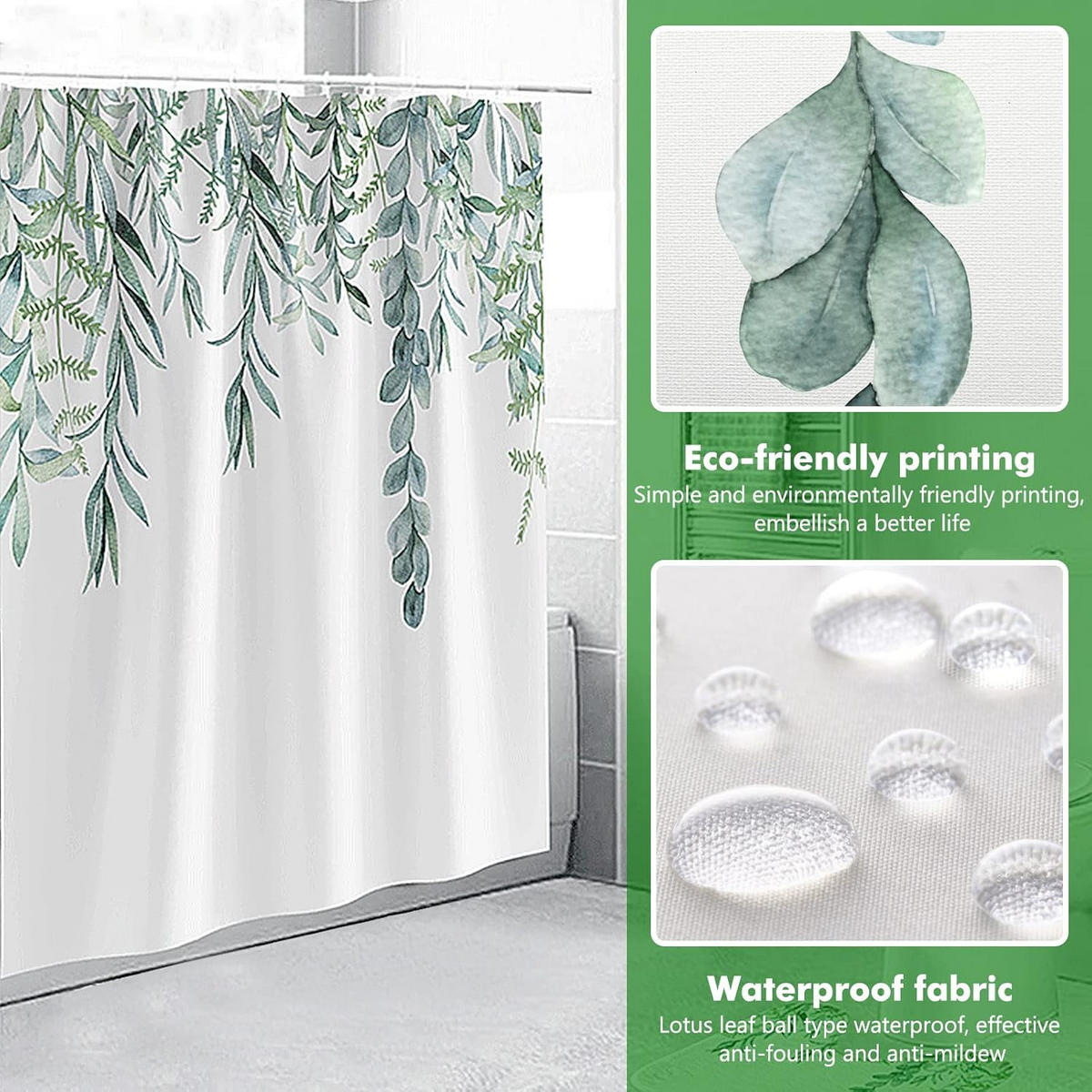 DUSCHVORHANG schimmelresistent Badezimmer Polyester Druck Pflanze Blatt Grün waschbar mit Haken für Zuhause - Grün, Textil (180/200cm) - MCBOSON
