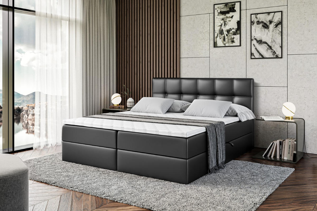 BOXBETT mit Matratze H4 und Lattenrost - MARCE - 160 x 200 cm - Schwarz - Schwarz Hochglanz, Holzwerkstoff (160/200cm) - ALTDECOR