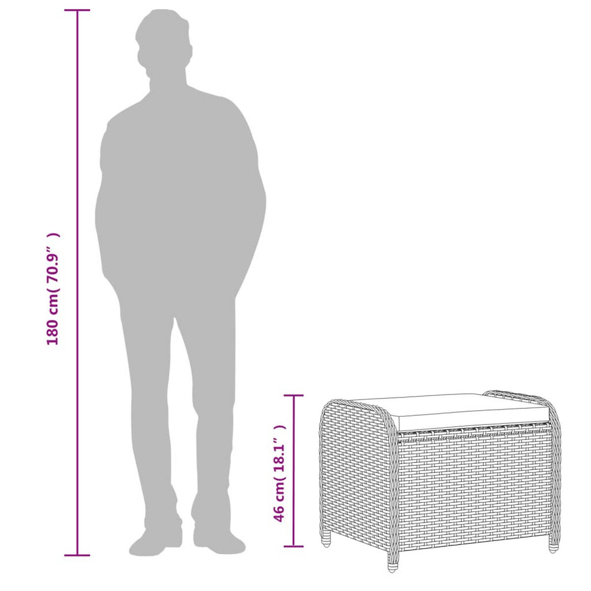 GARTENHOCKER Mit Kissen Grau 58/46/46 Cm Poly Rattan - Grau, Kunststoff (58/46/46cm) - vidaXL