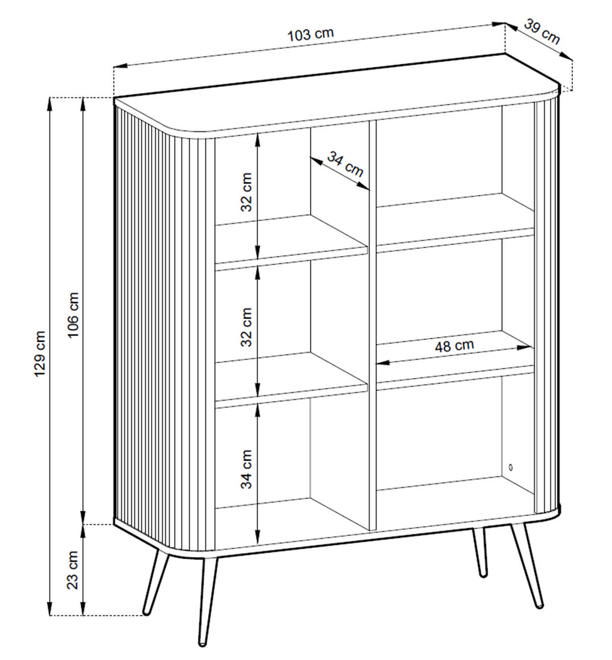 HIGHBOARD Salvia 2T Beige, Schwarz 103/129/39 cm – mit geriffelten Fronten und hohen Beinen - Beige/Schwarz, Holzwerkstoff/Metall (103/129/39cm) - AX Living