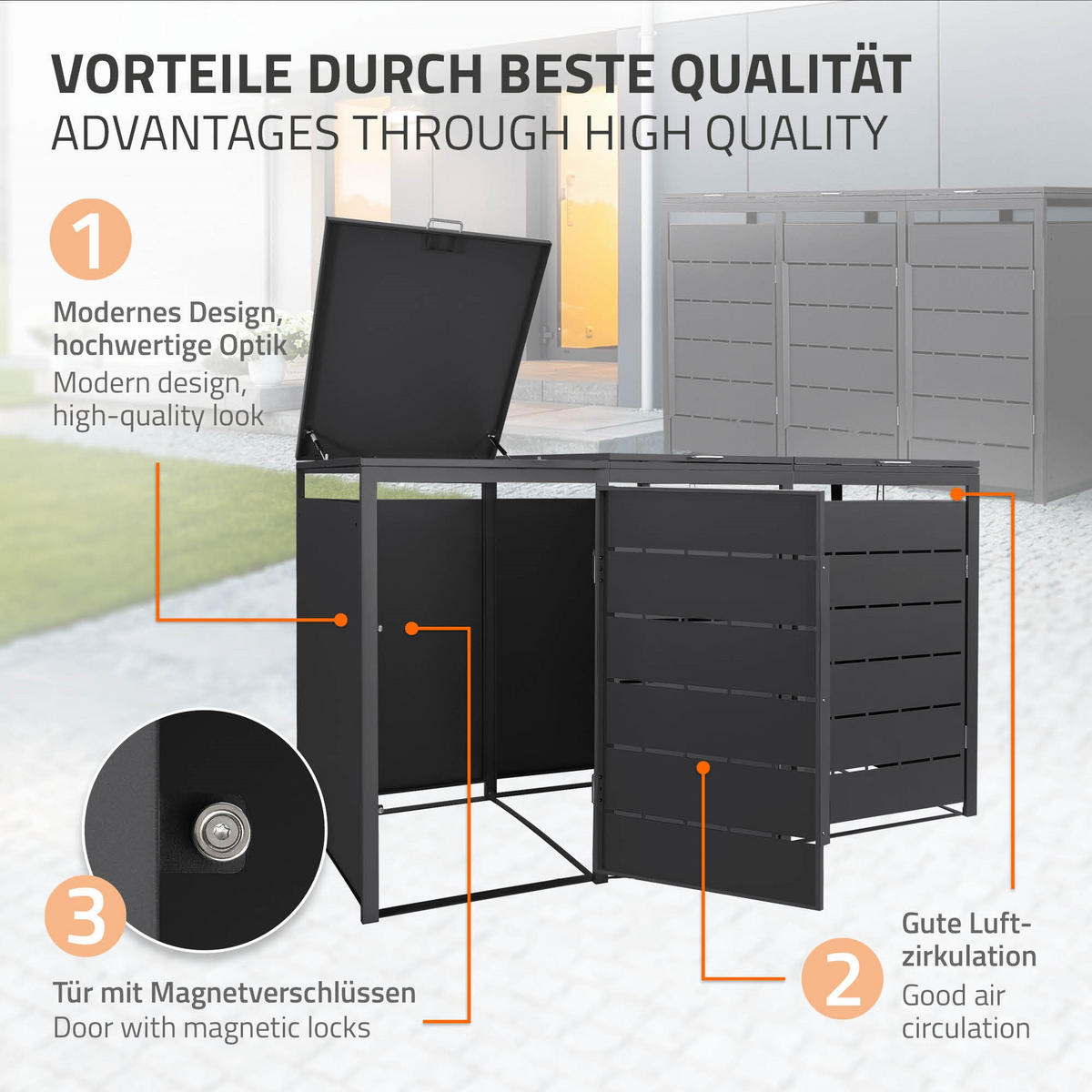 MÜLLTONNENBOX 3er 240L 196x80x120 cm Anthrazit aus Stahl wetterfest - Anthrazit, Metall (80/120/196cm) - ML-DESIGN