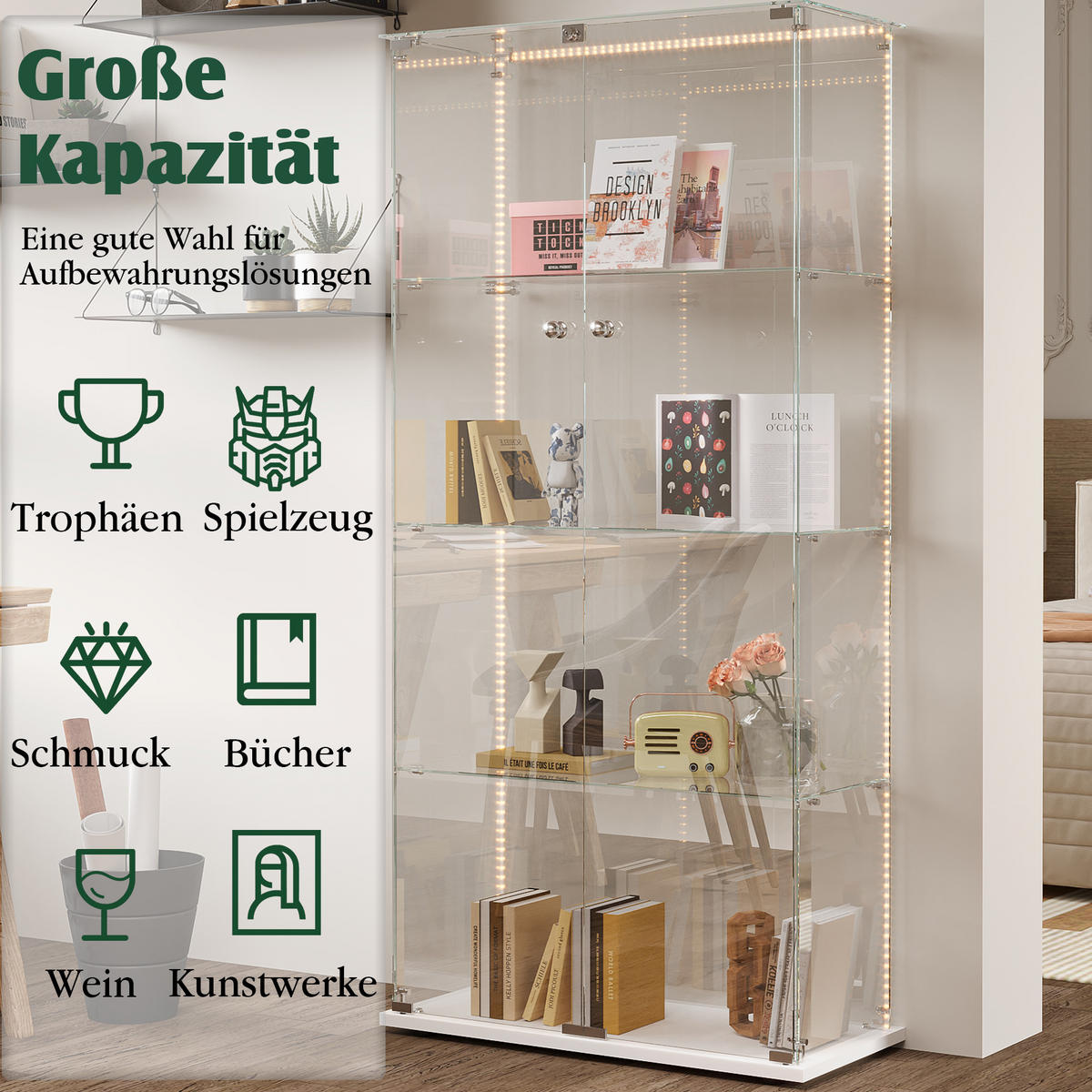 GLASVITRINE, Doppeltüren mit Schloss, 4 Einlegeböden, LED-Lichtleiste, Weiß - Weiß, Glas (78.5/163/35cm) - BRILVERDE