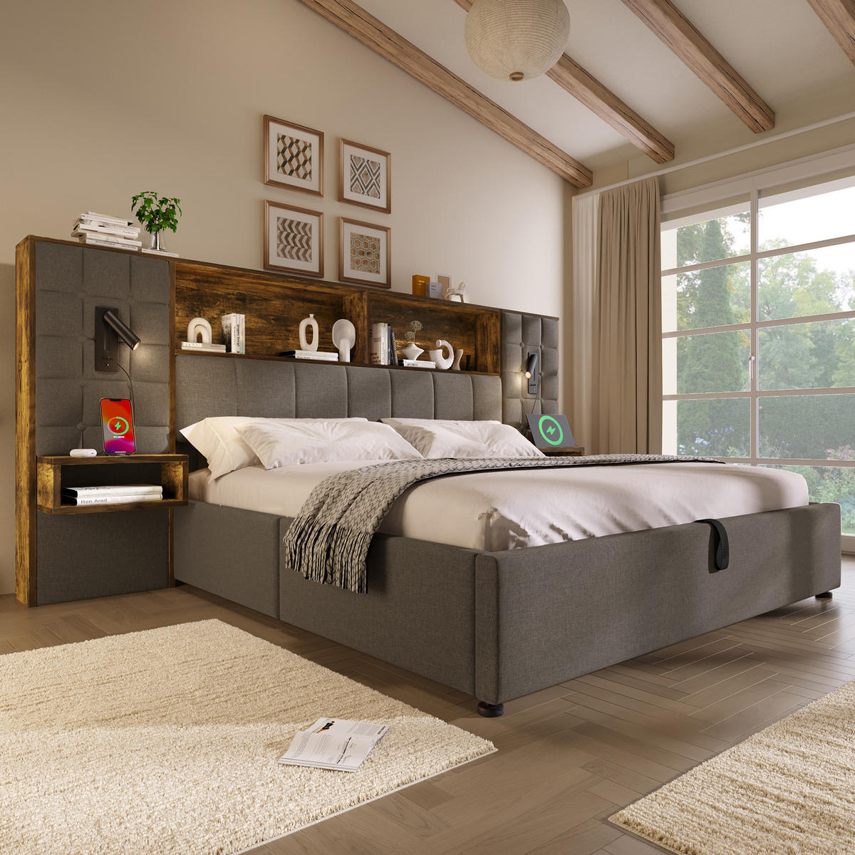 POLSTERBETT 160/200 cm in Grau mit Stauraum, LED, Leselampen, Nachttischen und USB/Type-C - Grau, Holzwerkstoff/Textil (160/200cm) - WISHDOR