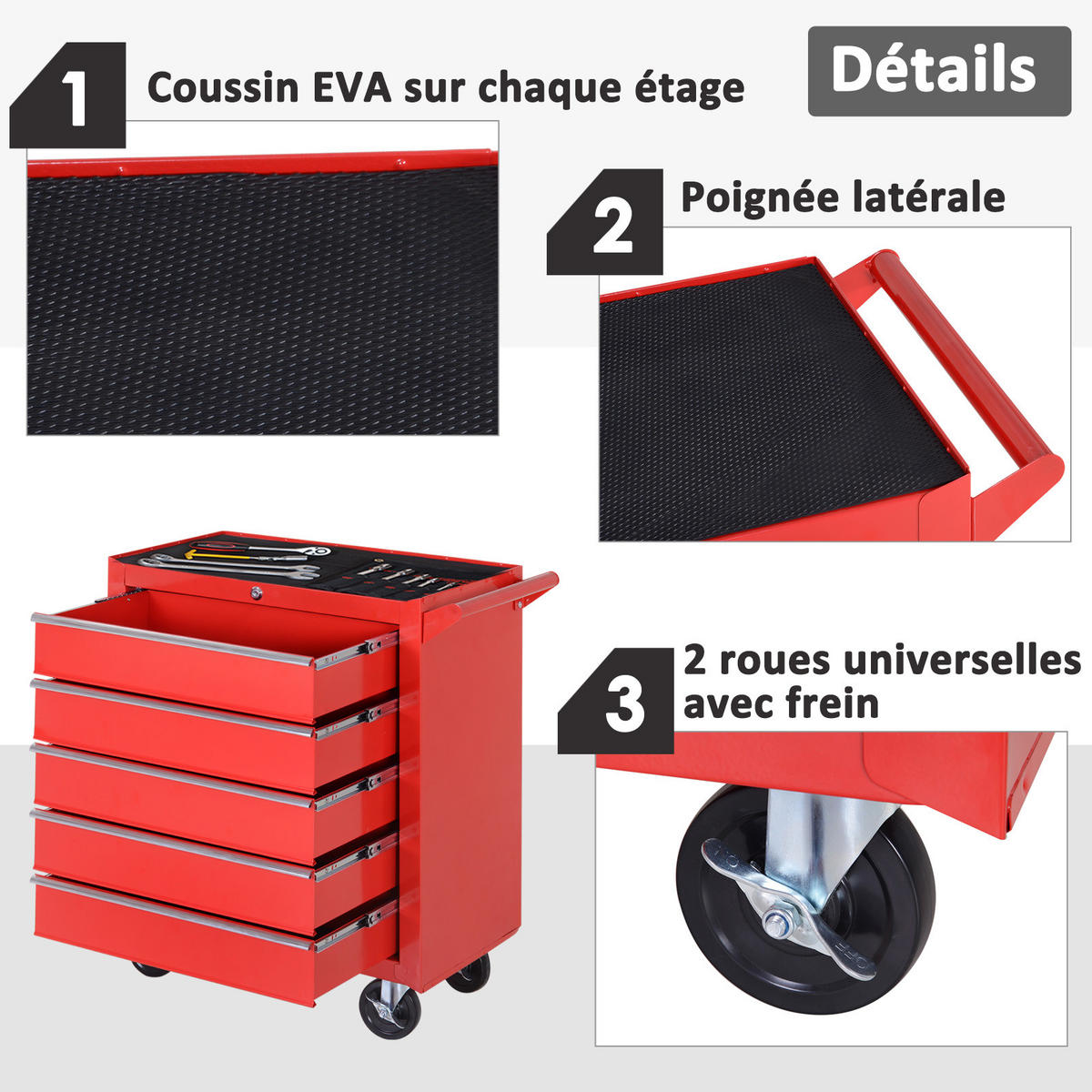 WERKZEUGWAGEN DE-18976 5 Schubladen, abschließbar Rot - Rot, Metall (33/75/69cm) - ComfortXL