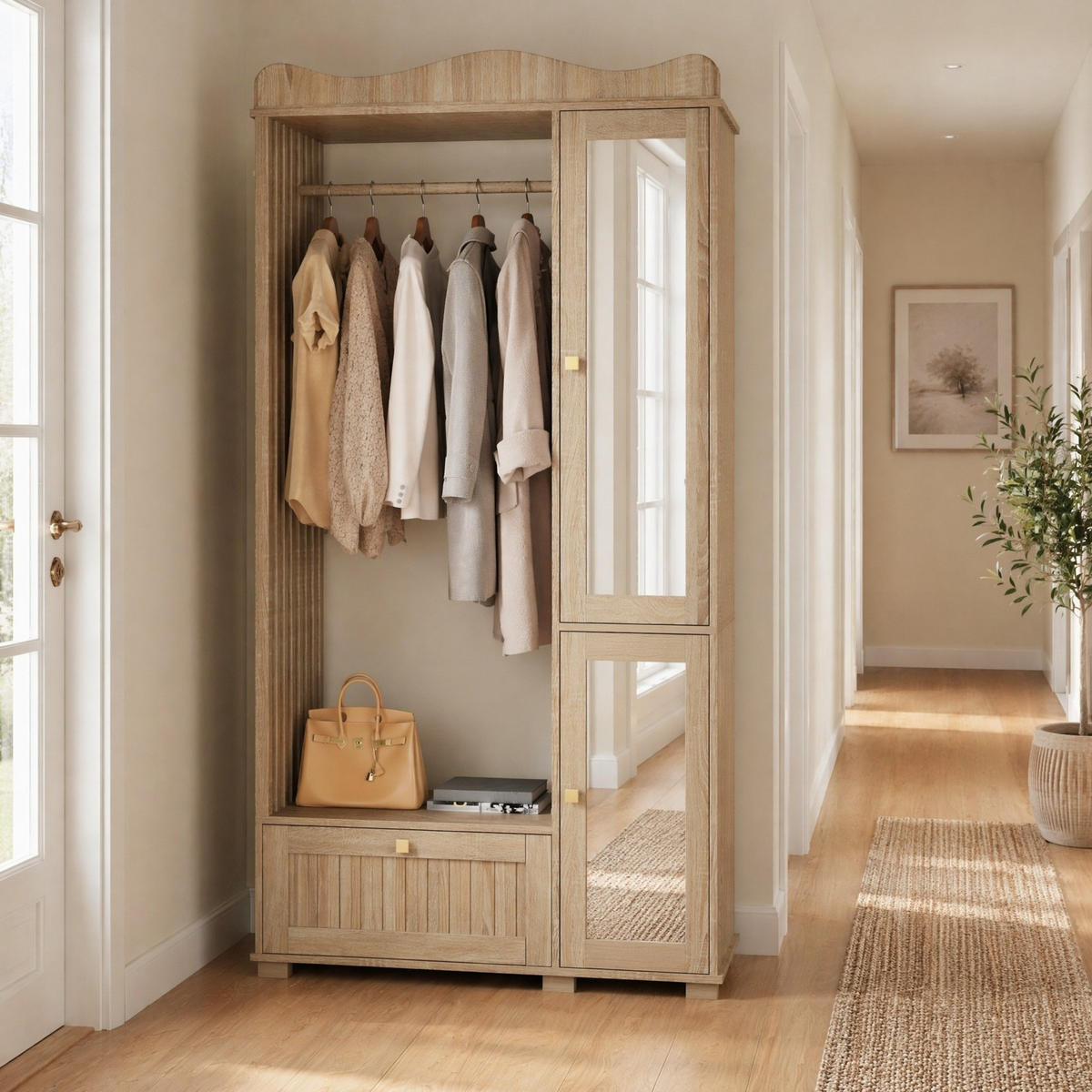 IN Eichefarben Kleiderschrank mit Spiegel und offenem Kleiderständer, Schublade und 2 Türen, B115.5/T38.5/H194.5cm - Eichefarben, Glas/Holzwerkstoff (115.5/194.5/38.5cm) - STILVORA
