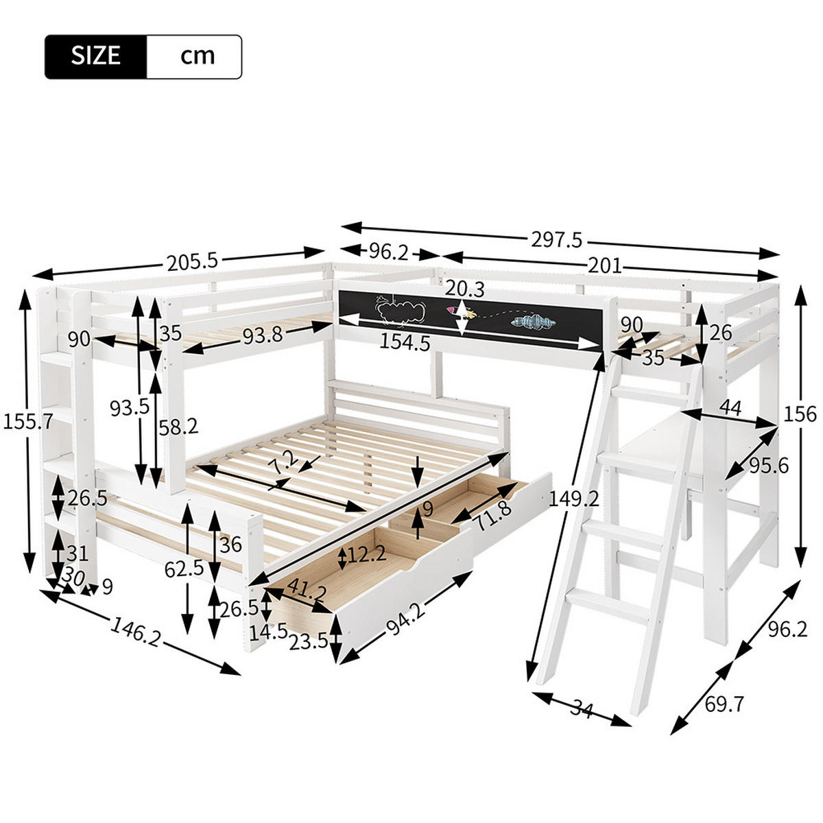 HOCHBETT 140x200cm & 90x200cm mit Schreibtisch und Regal in weiß - Weiß, Holz (90/200cm) - KOMHTOM