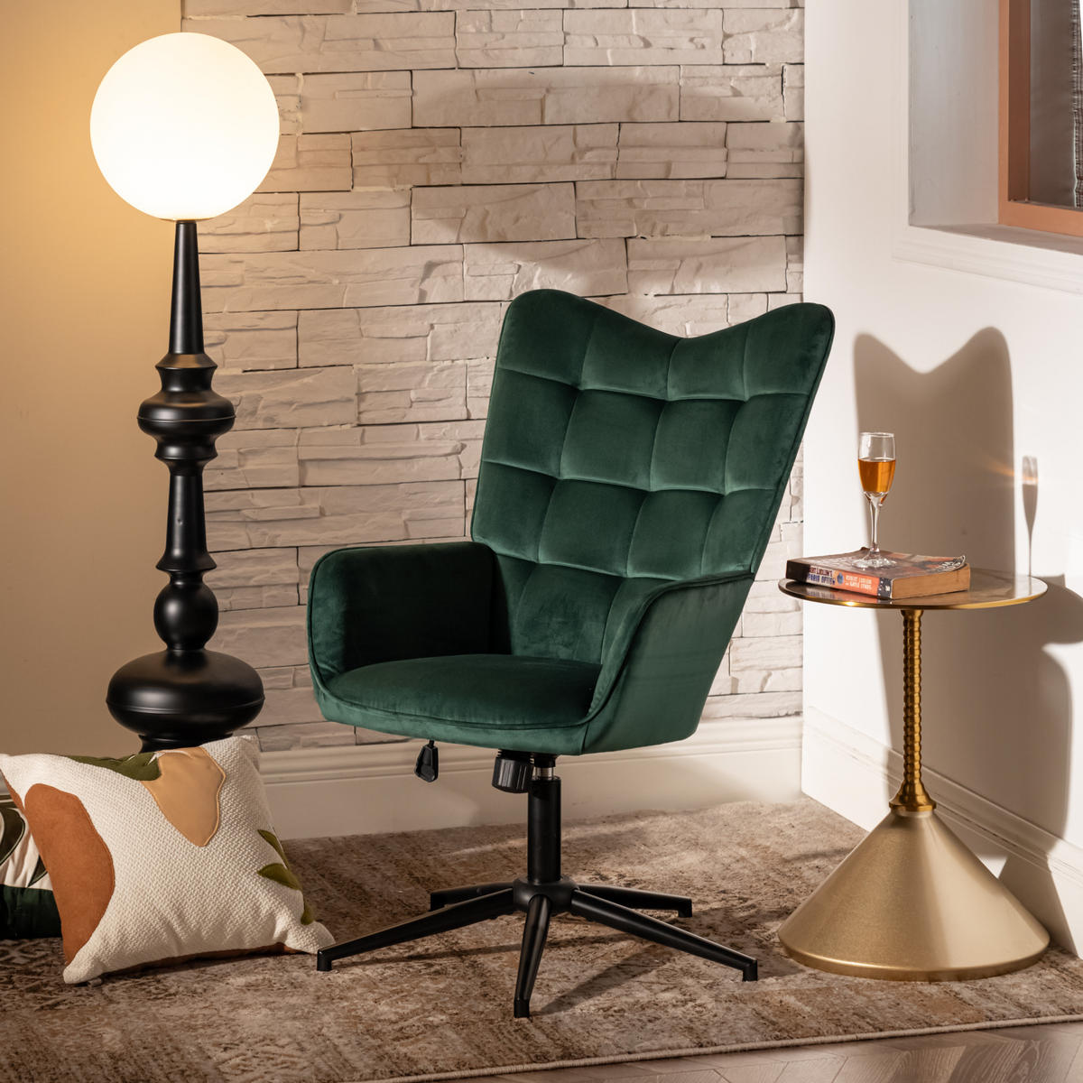 SESSEL höhenverstellbar, Grün Samt - Dunkelgrün/Schwarz, Holz/Textil (70/107/68cm) - Urban Meuble