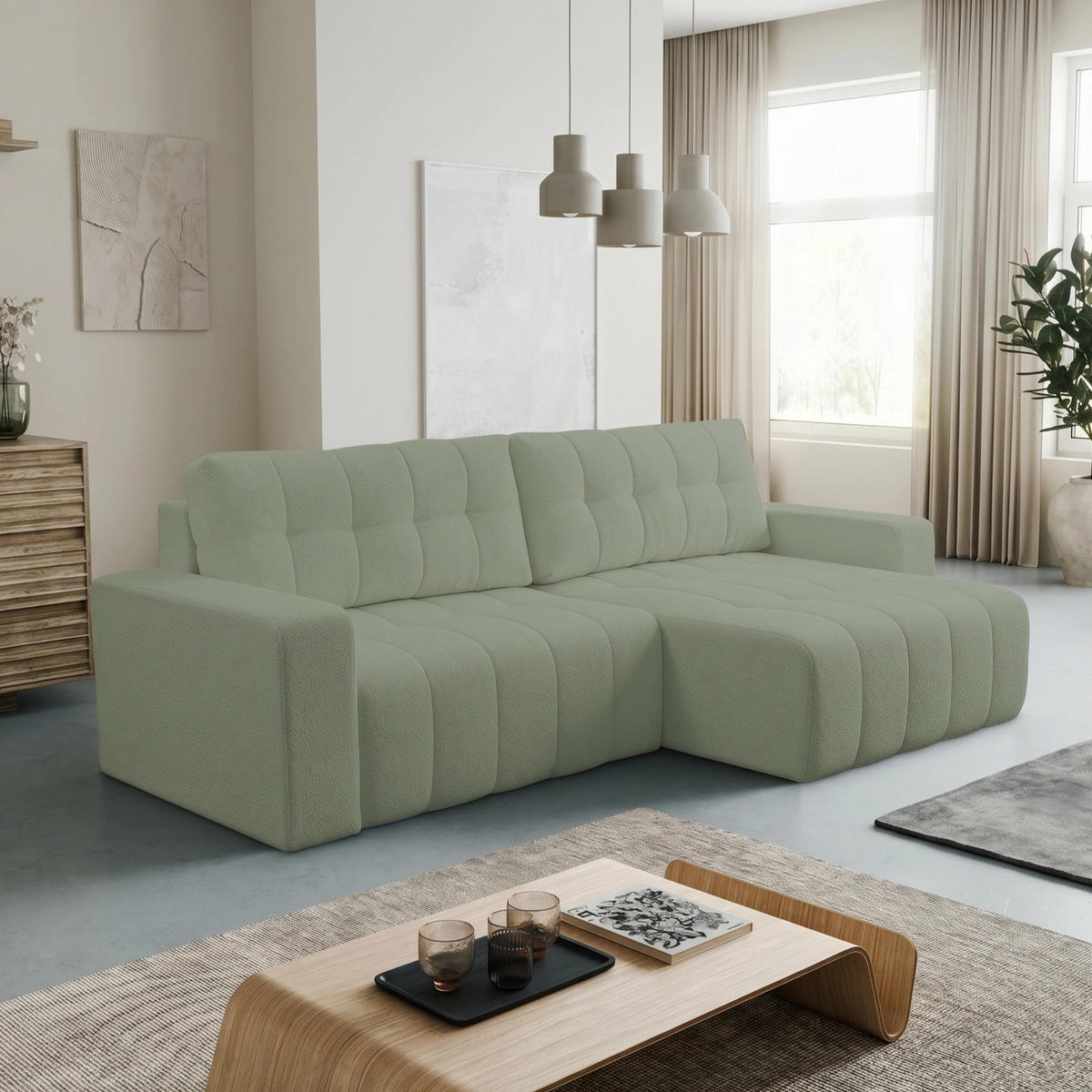 ECKSOFA Palermo mit Schlaffunktion und Bettkasten - Hellgrün, Holz/Holzwerkstoff (245/143cm) - Ravio