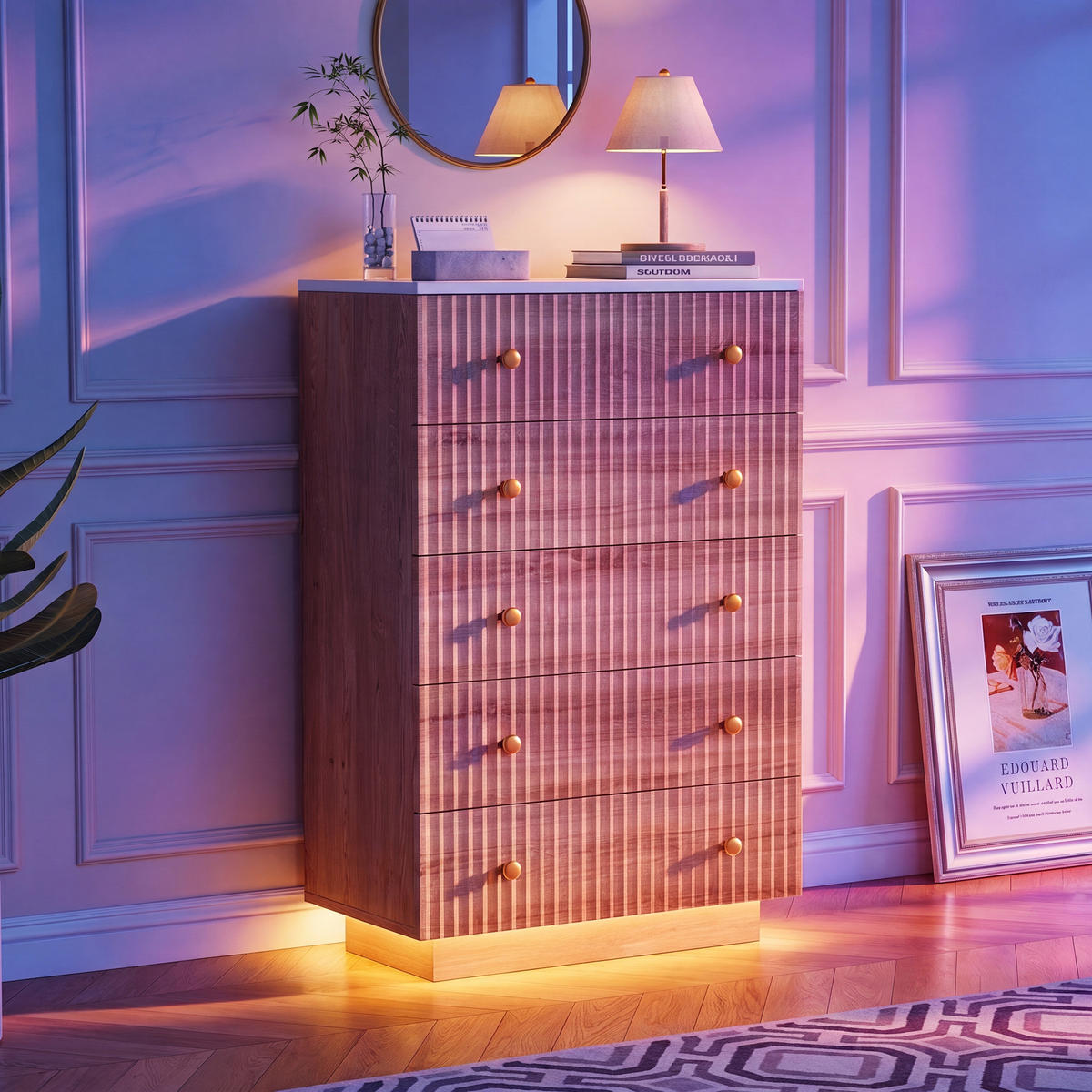 SCHUBLADENSCHRANK mit 5 Schubladen, Kommoden LED, Holz, in Naturholzfarbe - Goldfarben/Naturfarben, Holz/Metall (40/111/73cm) - BPKADHY