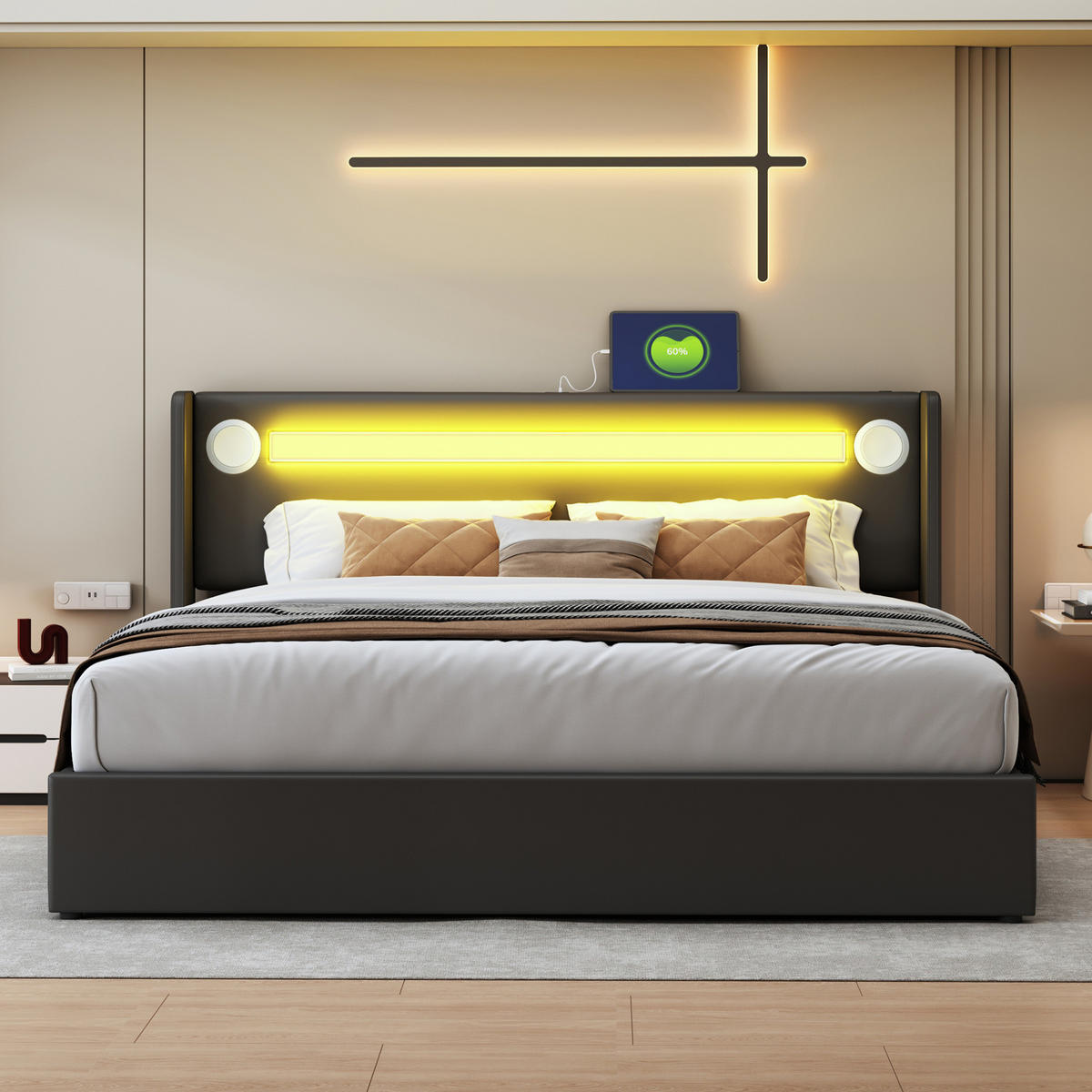 POLSTERBETT 160/200 cm schwarz mit LED-Beleuchtung und Bluetooth-Player - Schwarz, Kunststoff (160/200cm) - OKWISH