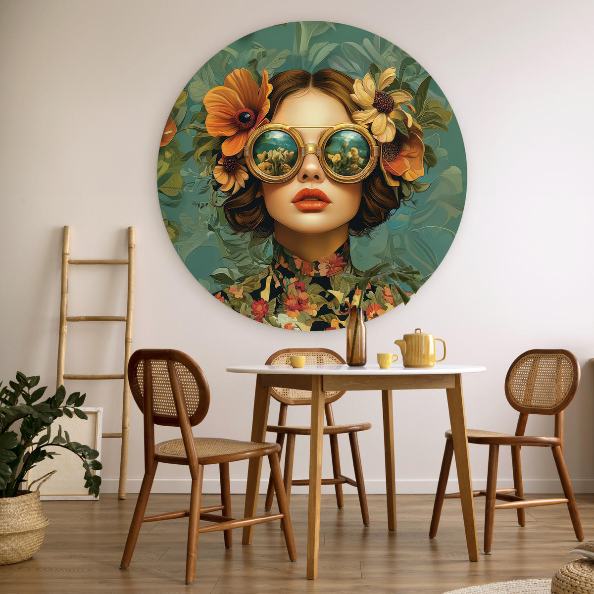 WANDBILD Frau - Blumen - Schmetterlinge - Natur - Vintage 140x140 cm - Petrol, Kunststoff (140/140cm) - MuchoWow
