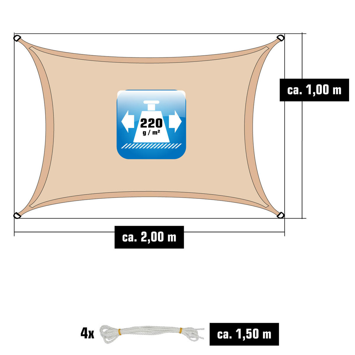 UV-SONNENSEGEL 1/2 m, Viereckig, Wasserdurchlässig, Beige - Beige, Kunststoff (100/200cm) - Amanka