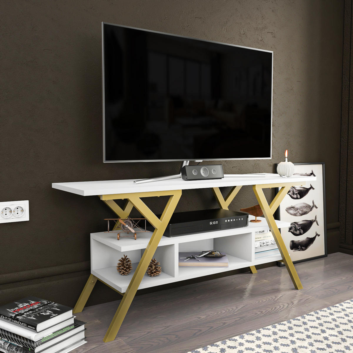 TV Stand Minerva Gold Weiß - Goldfarben/Weiß, Holzwerkstoff (120/55/35cm) - Decorotika