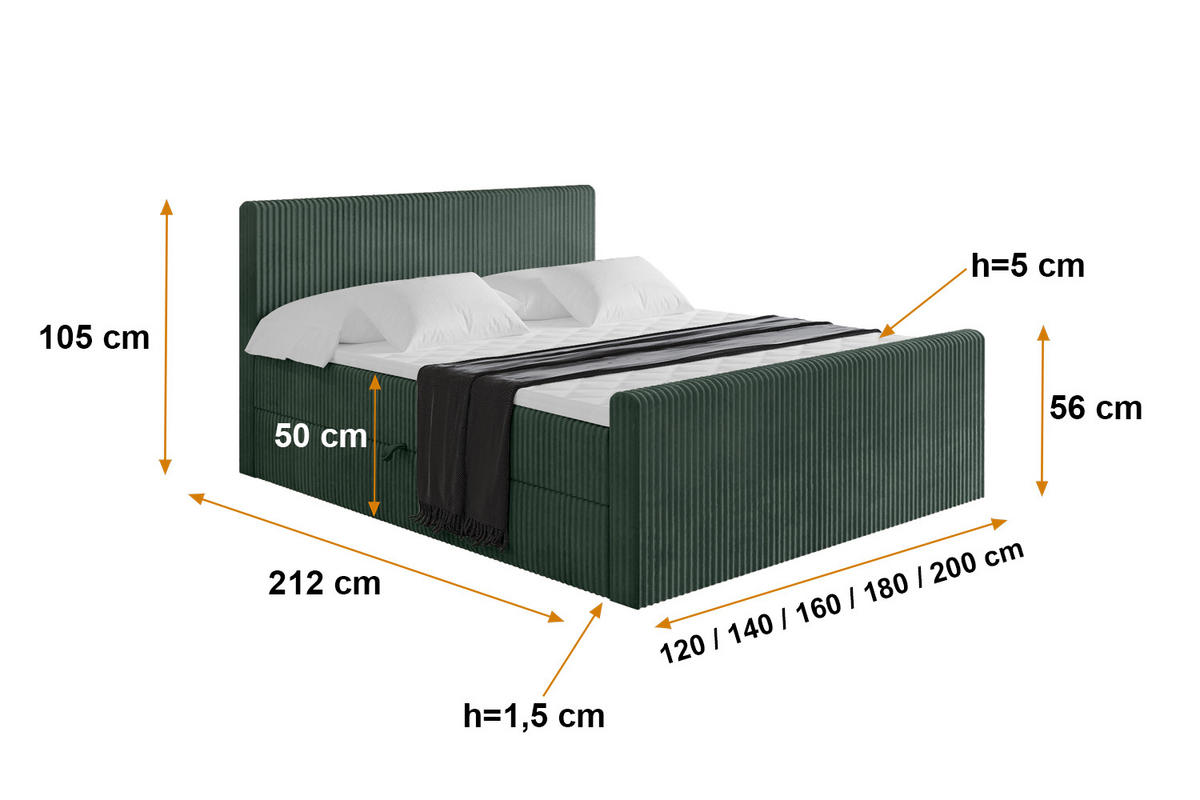 BOXBETT mit Matratze H4 und Lattenrost - TOLO-Z - 140x200 Cord - Dunkelgrün - Dunkelgrün, Holzwerkstoff (140/200cm) - ALTDECOR