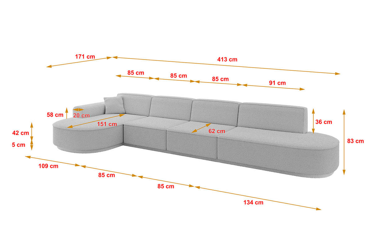 ECKSOFA Ottomane Links MARI-L3-v3 - 413x171x83 cm Hellgrau Bouclé - Hellgrau/Schwarz, Holzwerkstoff/Kunststoff (413/171cm) - ALTDECOR