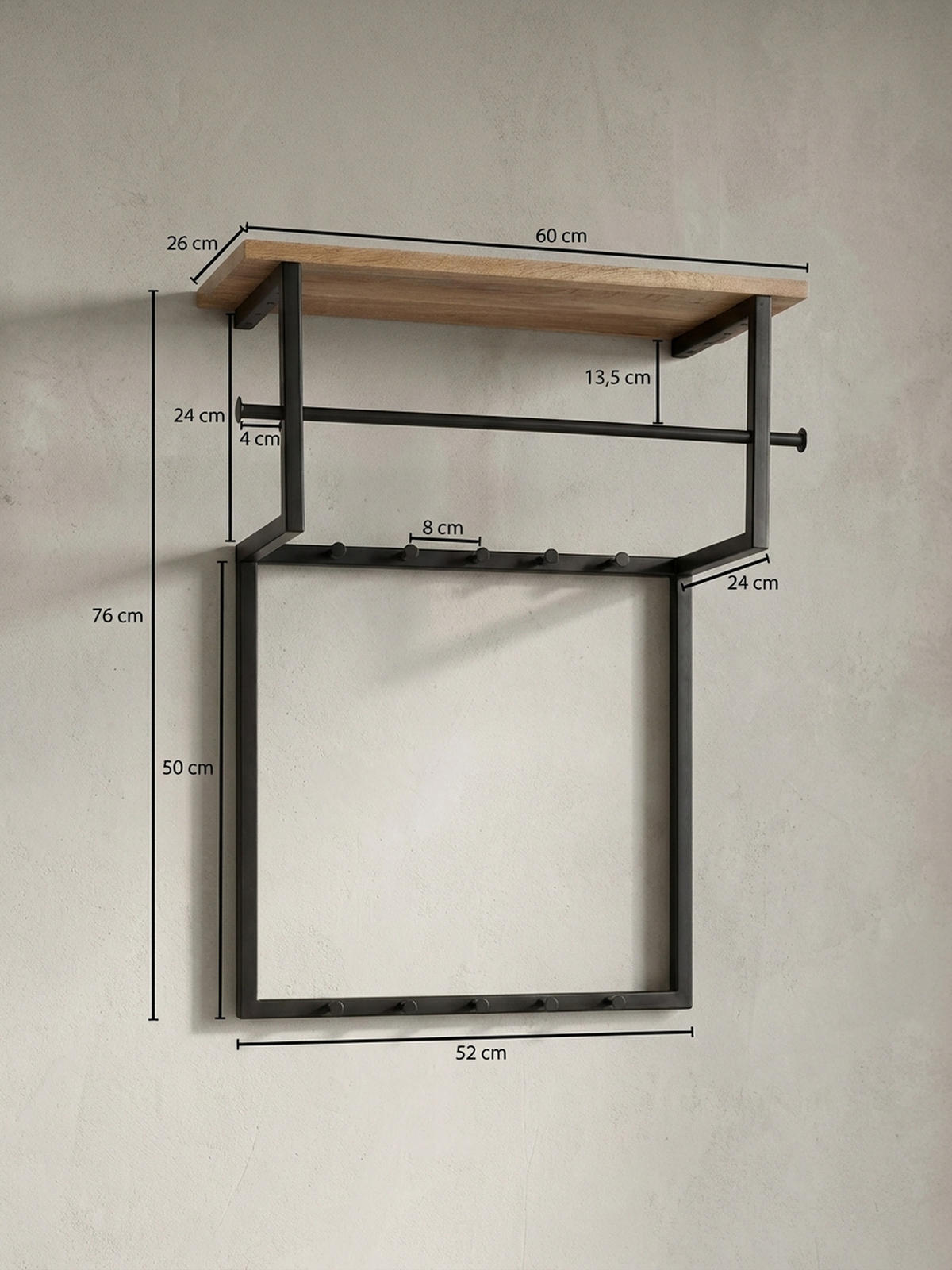WANDGARDEROBE Massivholz Metall Modern mit 10 Haken, Kleiderstange und Ablage - Schwarz, Holz/Metall (60/76/26cm) - KADIMA DESIGN