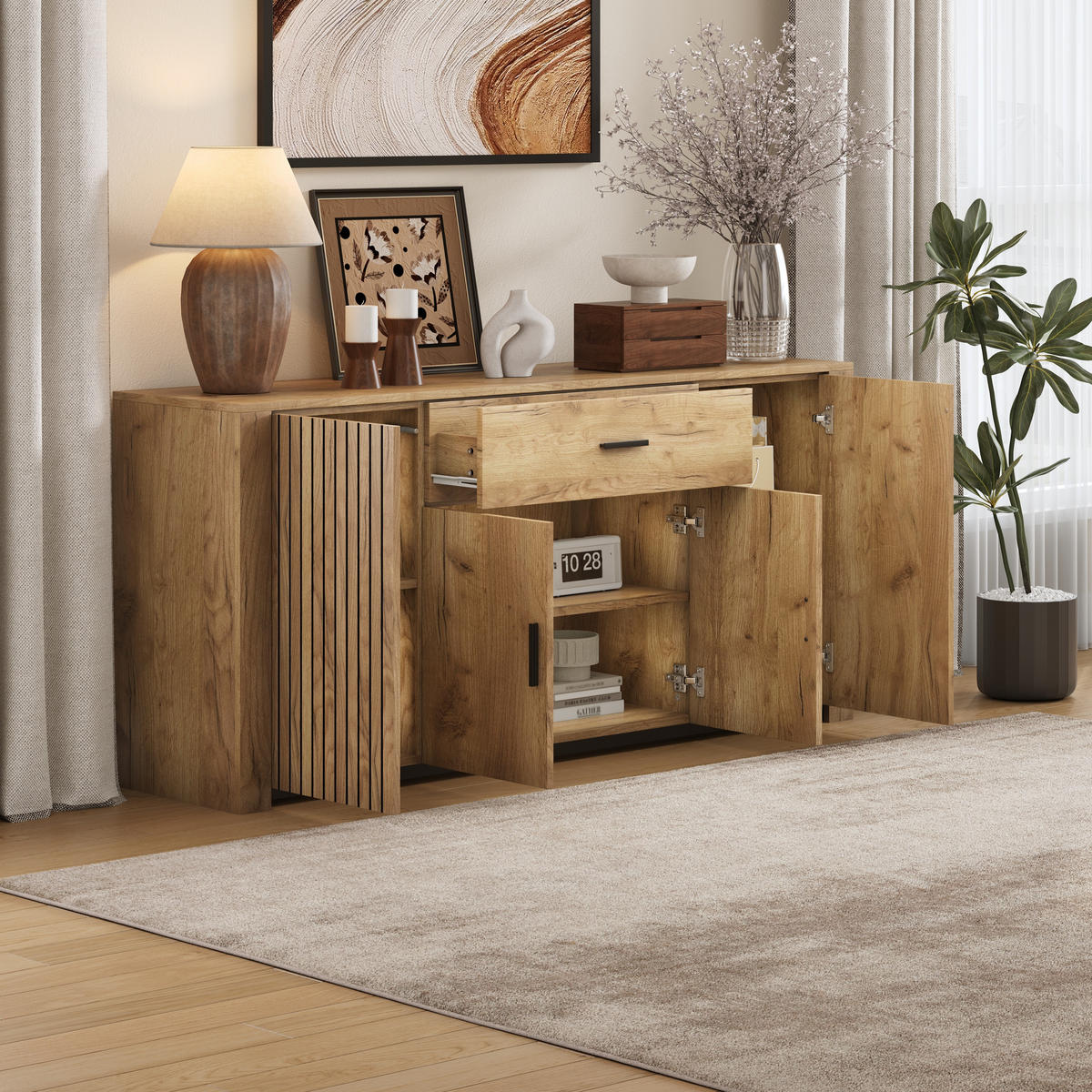 SIDEBOARD Holz 4 Türen 1 Schublade 160x40x75cm Stauraum - Eichefarben, Holzwerkstoff (40/75/160cm) - FLIEKS